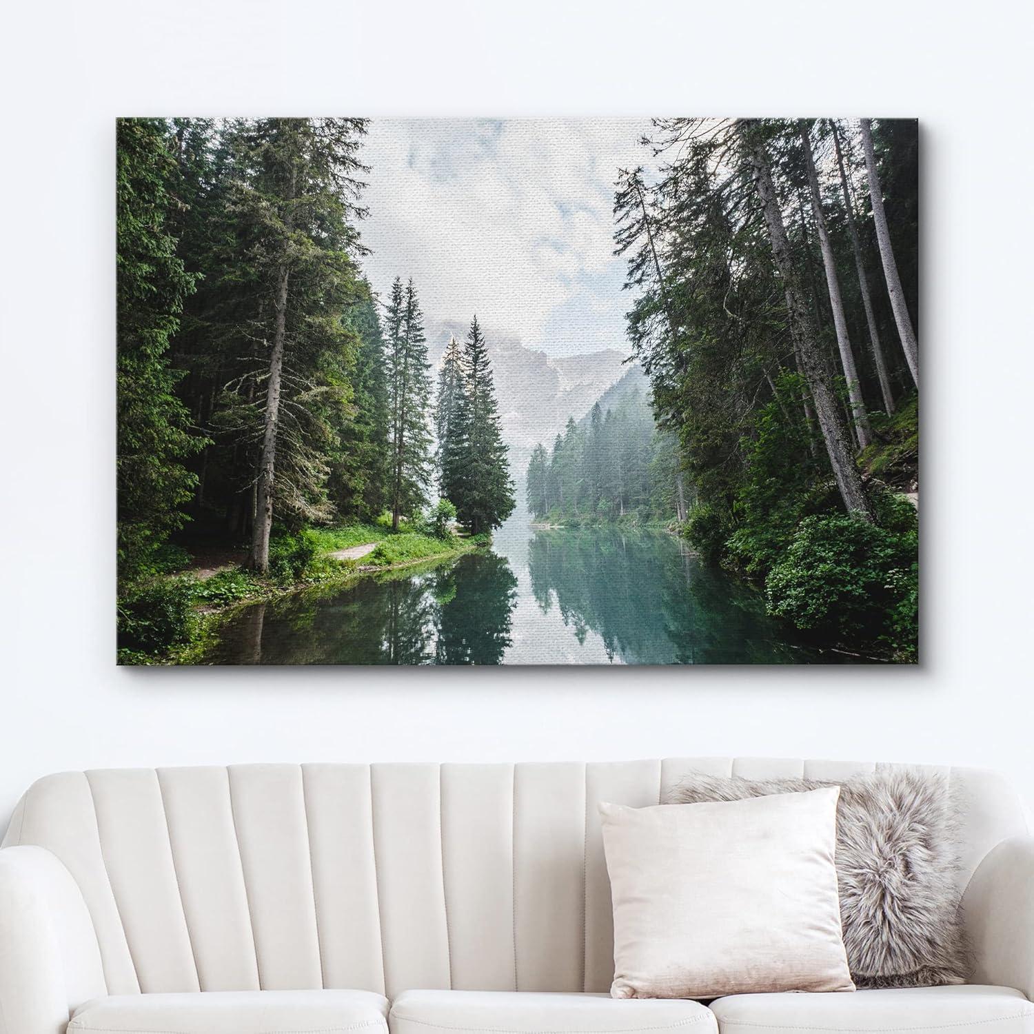wall26 Canvas Print Wall Art Fall Green Forest with Lake Reflection Nature Wilderness Photography Modern Art Rustic Scenic Colorful Multicolor for Living Room, Bedroom, Office - 24"x36"