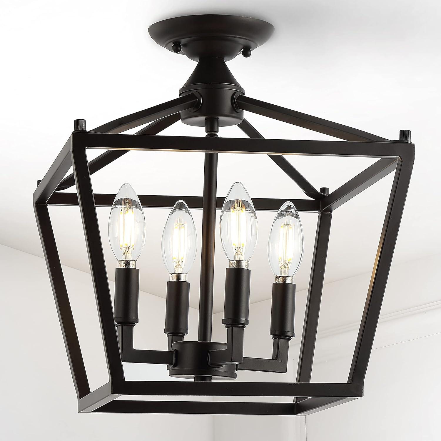 Plains Mini Lantern 12" 4-Light Iron Modern Farmhouse LED Flush Mount, Oil Rubbed Bronze