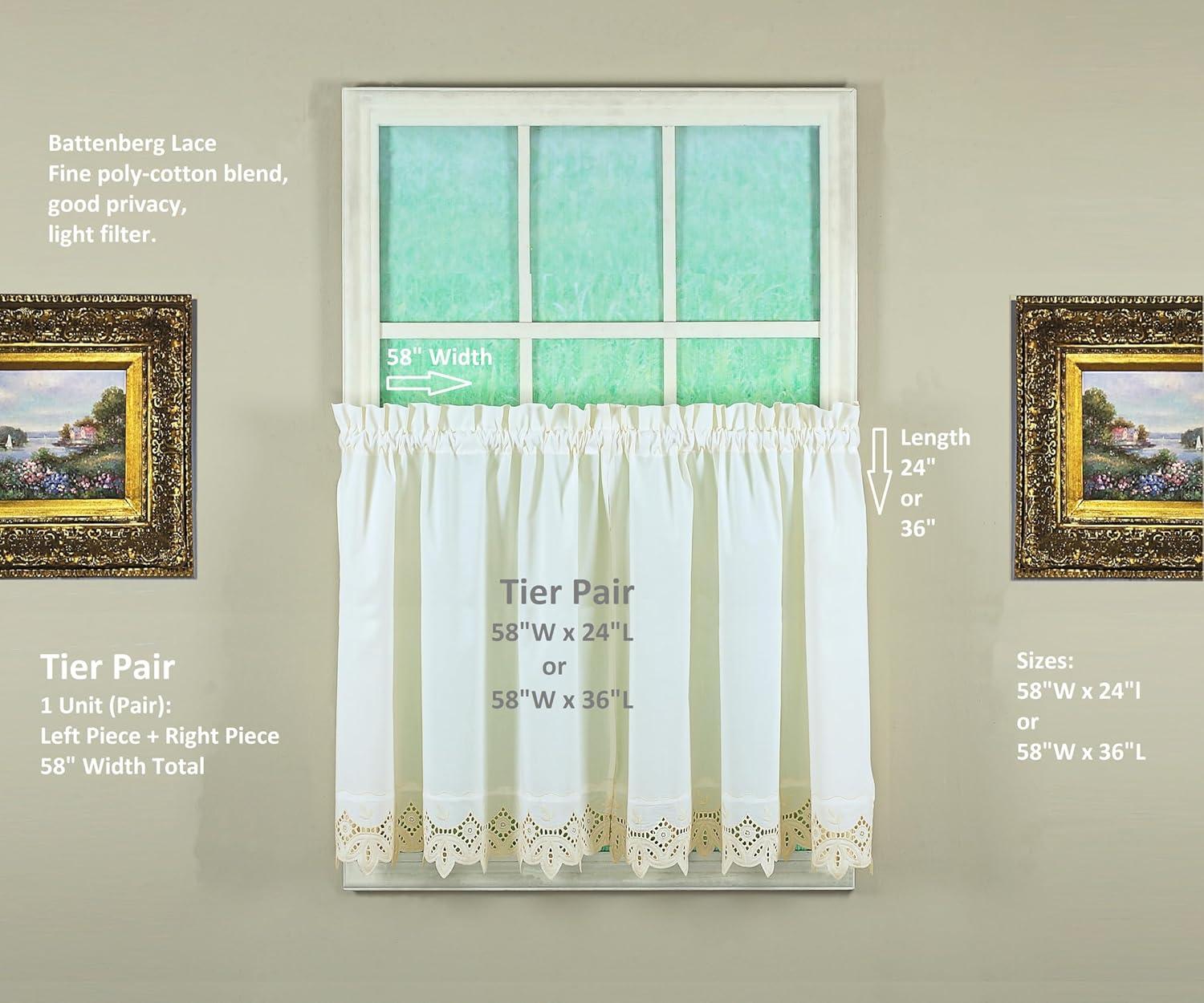 Ecru Cotton Polyester Sheer Lace Detail Tier Curtains