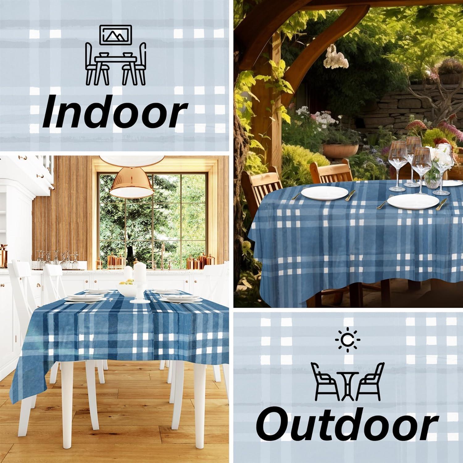 Blue Plaid Vinyl Round Tablecloth 60 Inch for Indoor Outdoor Gatherings