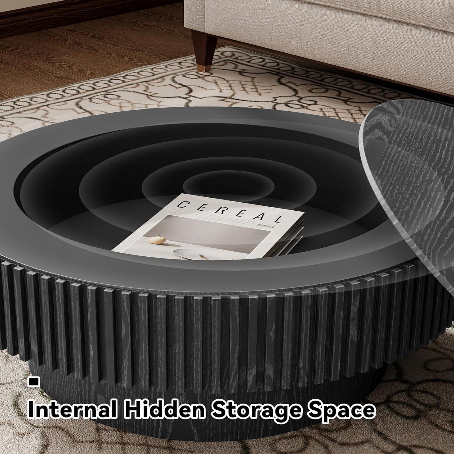 Round Coffee Table with Storage, Modern Wooden Coffee Table with Solid Wood Veneered, 31.5" Small Circle Center Table,Tea Table for Living Room,Home Small Space,Black