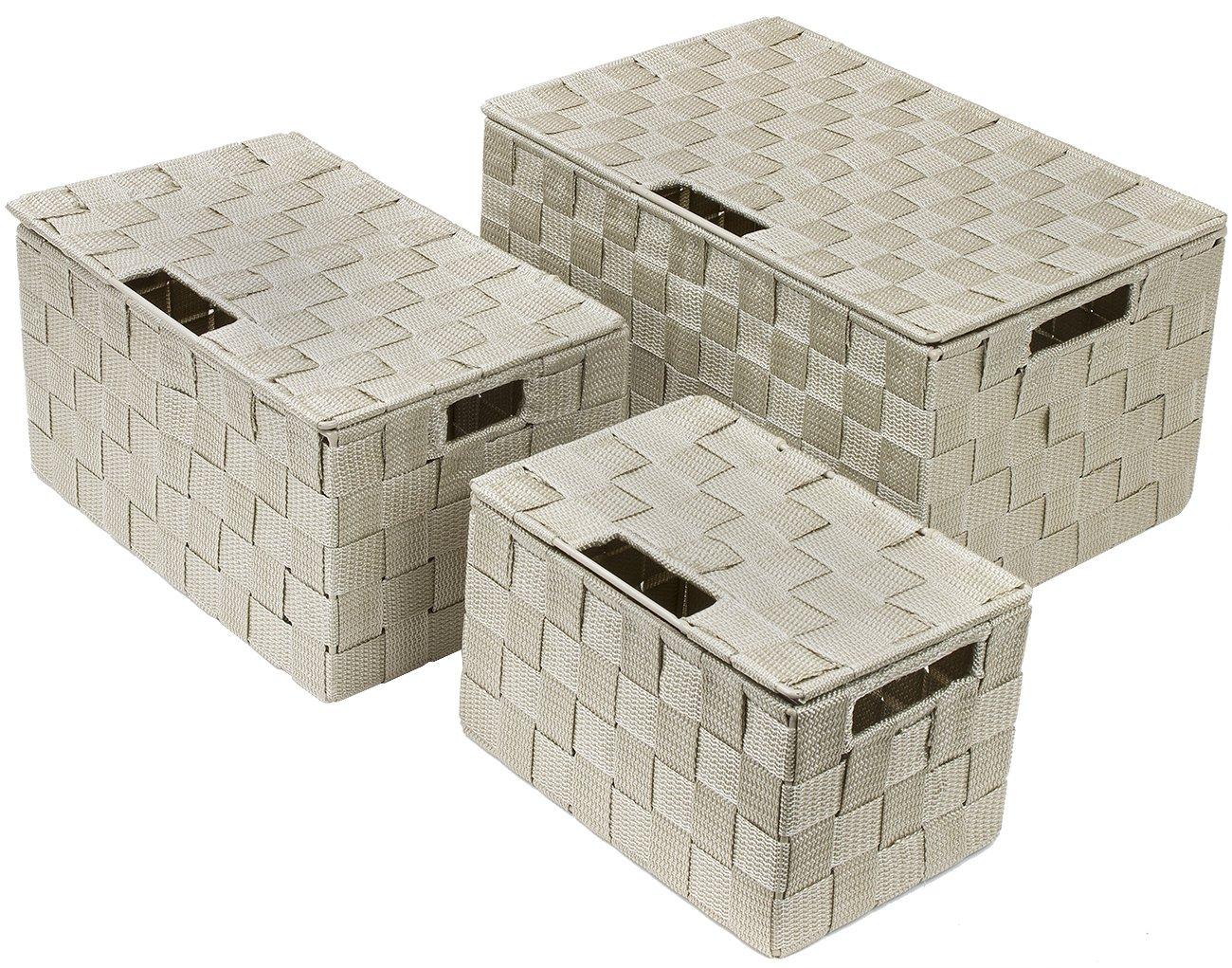 Beige Woven Square Storage Basket Set with Lids