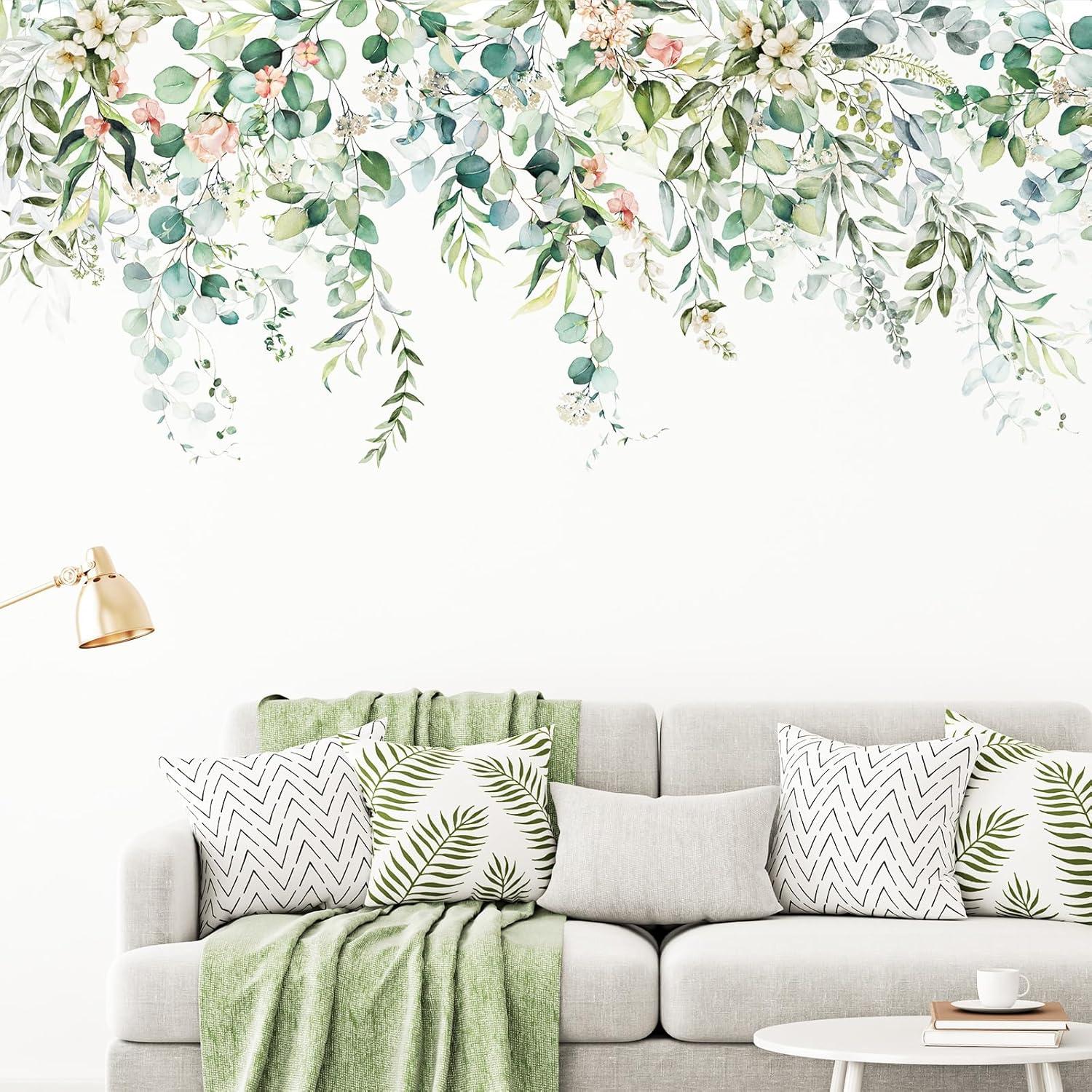 Zonon 6 Pcs Flowers Wall Decals Stickers Vinyl Removable Peel and Stick Colorful Dragonflies Floral Wall Murals Decor for Bedroom Living Room Nursery(Greenery)