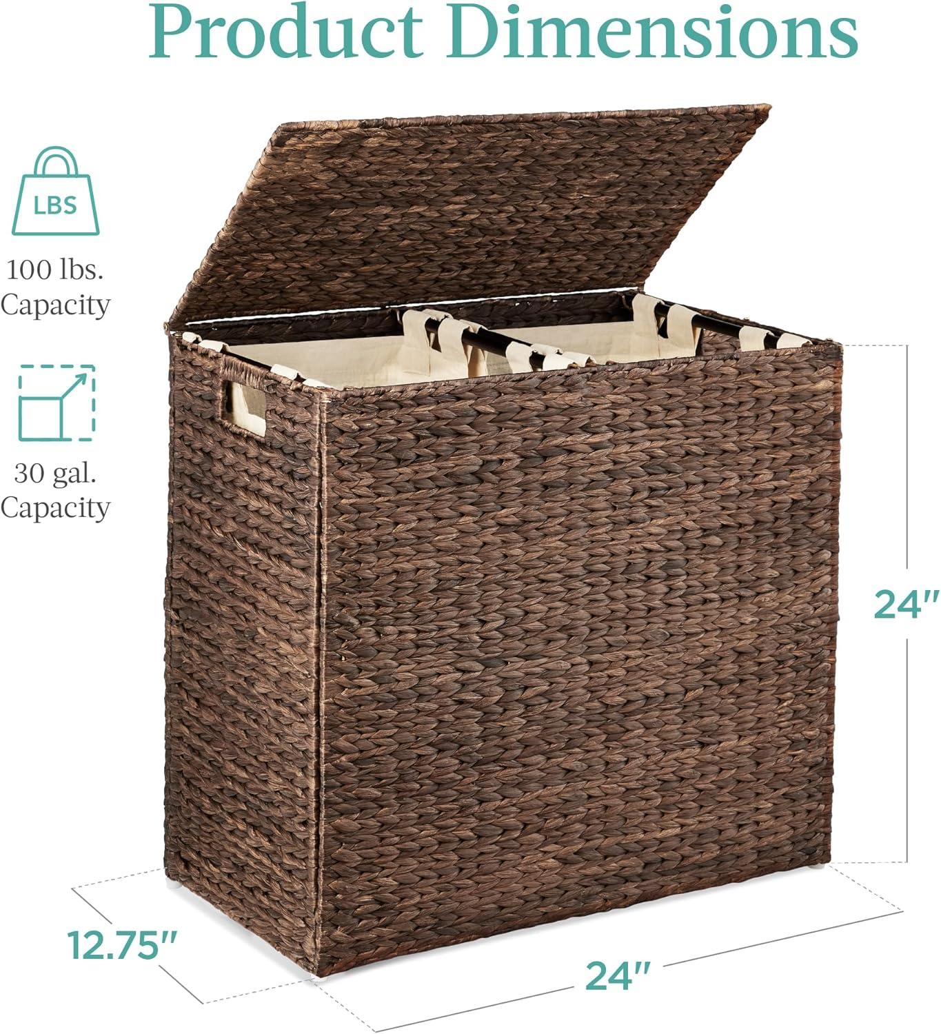 Best Choice Products Large Natural Water Hyacinth Double Laundry Hamper Basket w/ 2 Liner Bags, Handles - Espresso