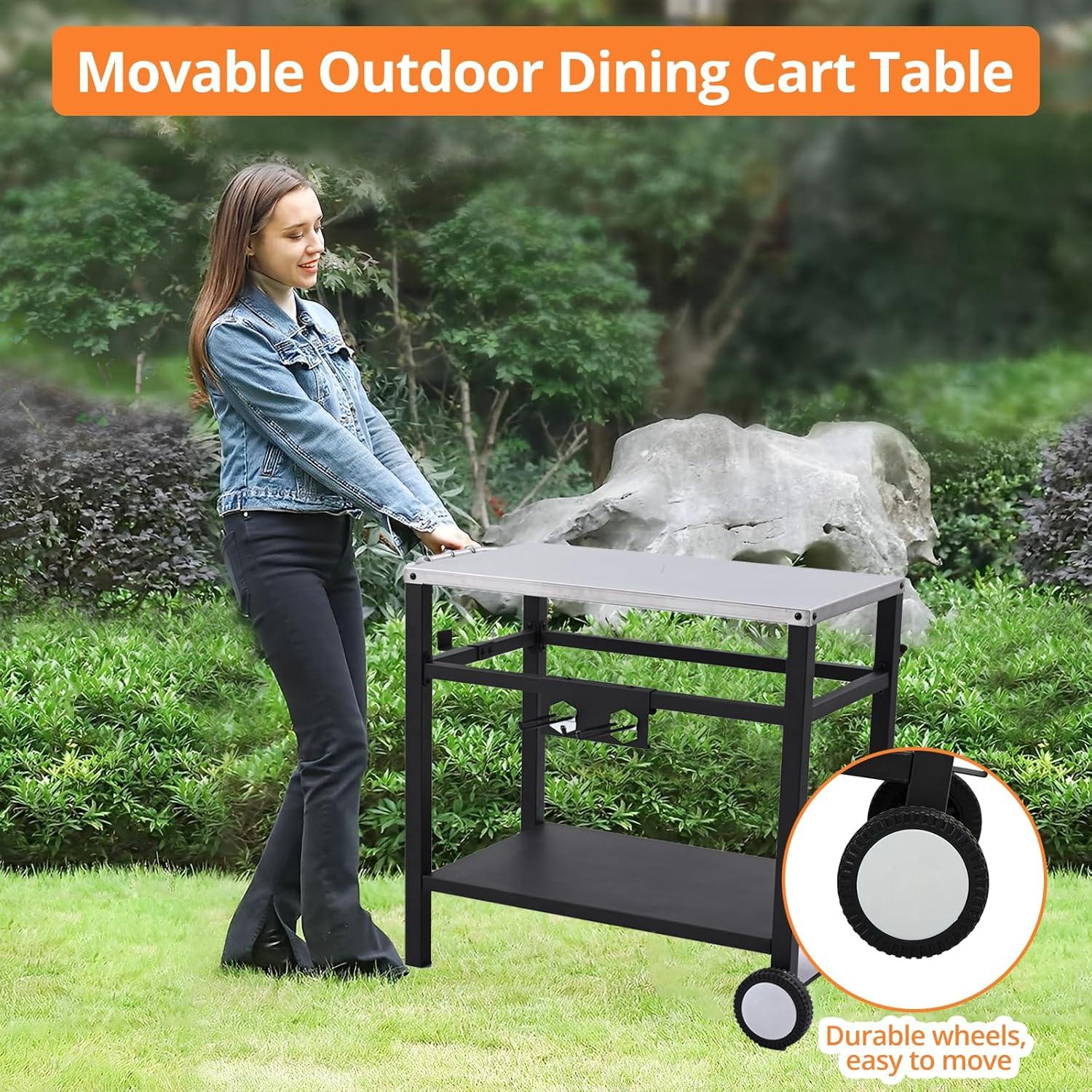 Outvita Outdoor Grill Cart, Movable Food Prep and Work Cart Table, Pizza Oven Stand Table with Wheels, Indoor & Outdoor Multifunctiona BBQ Cart with Mesh Racks for Home Party Camping