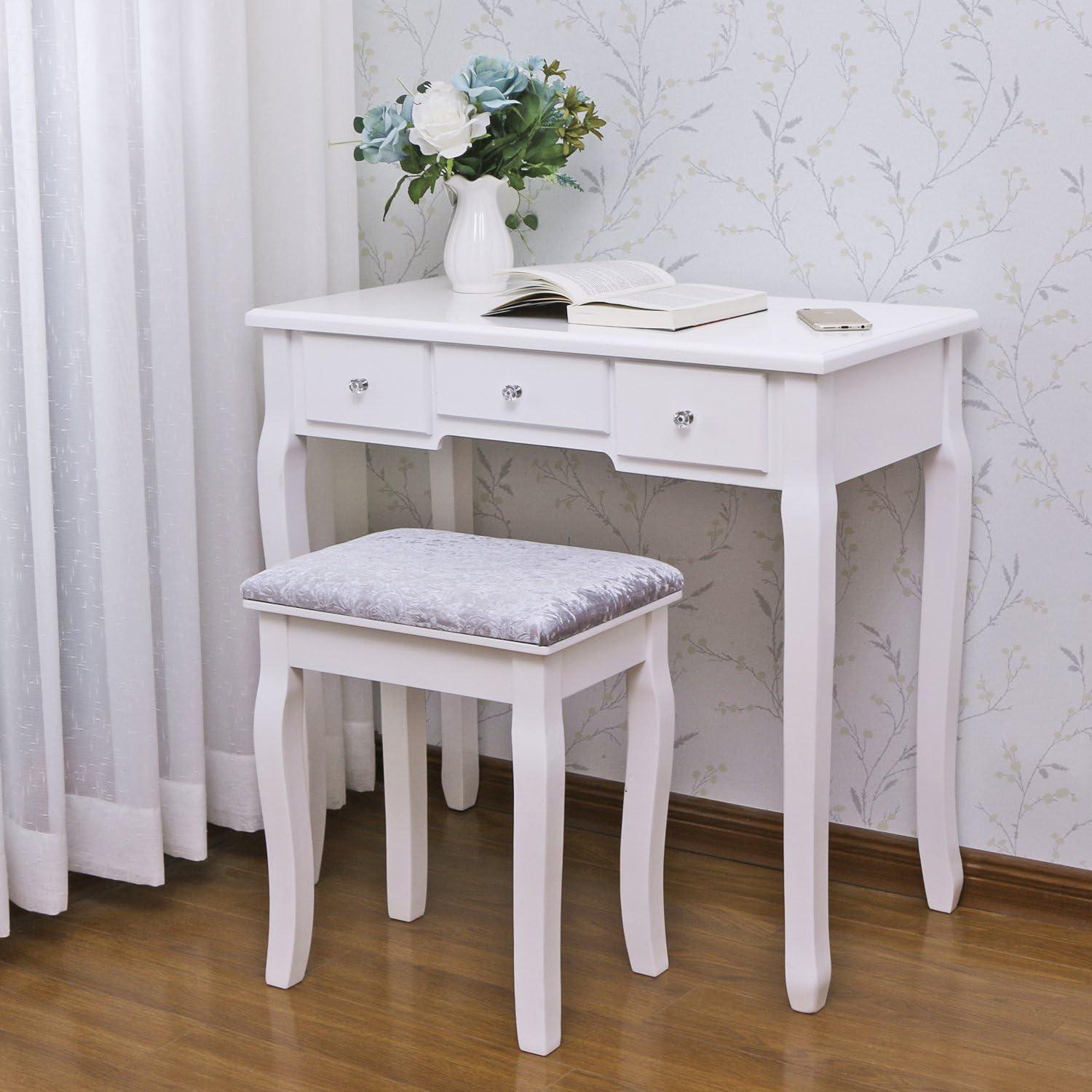 BEWISHOME Vanity Set with Mirror & Cushioned Stool Dressing Table Vanity Makeup Table 5 Drawers 2 Dividers Movable Organizers White FST01W