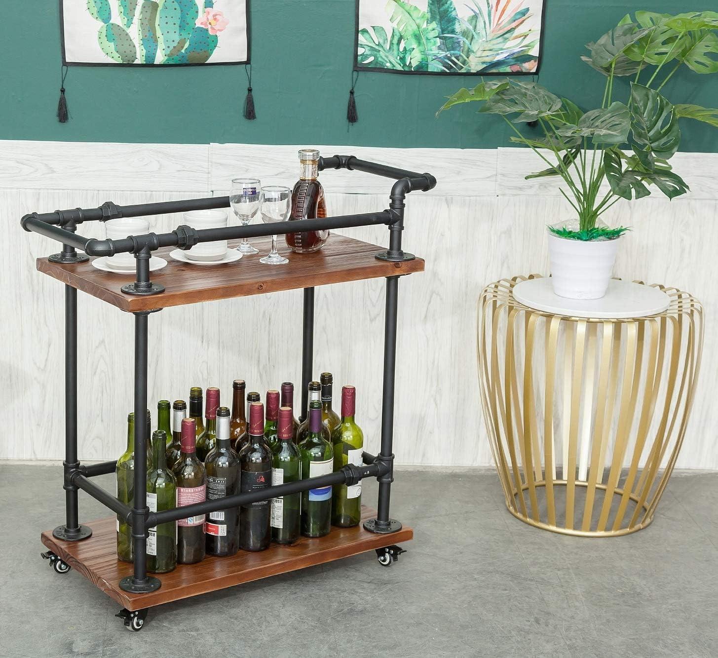 Industrial Bar Carts/Serving Carts/Kitchen Carts/Wine Rack Carts on Wheels with Storage - Industrial Rolling Carts - Wine Tea Liquor Shelves/Holder - Solid Wood and Metal Home Furniture