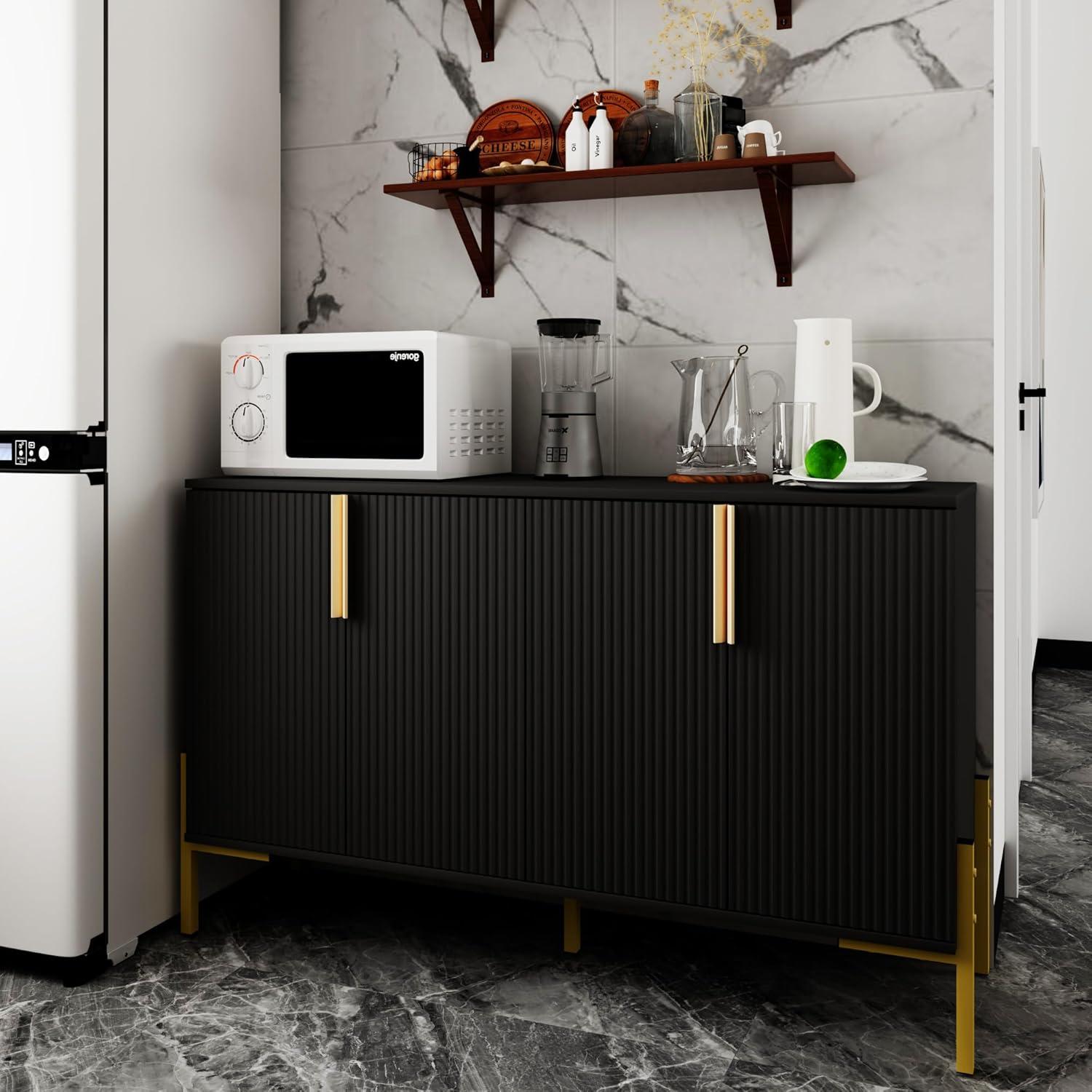 4 Doors Sideboard Buffet Cabinet with Adjustable Shelves,Modern Accent Sideboard with Golden Legs,Wide Storage Cabinet for Kitchen,Living Room,Black