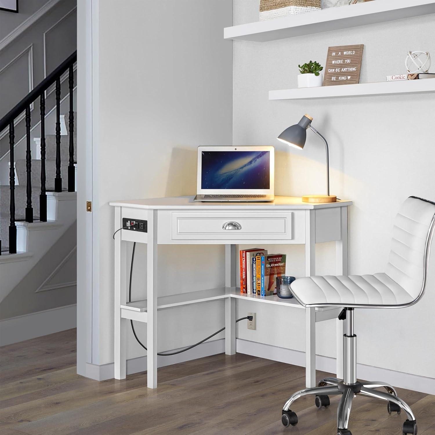 Yaheetech Corner Computer Desk Workstation with Power Outlet White