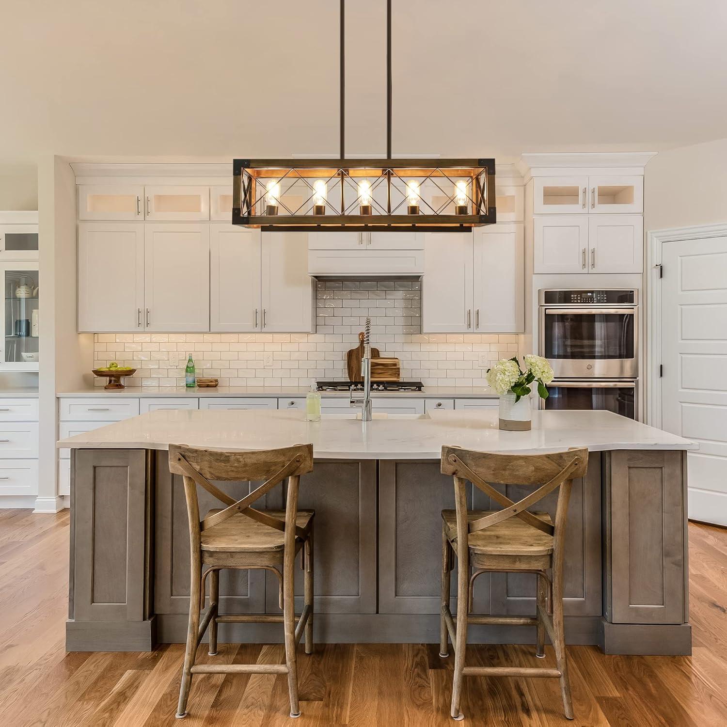 Holbert 5 - Light Rectangle Wood Metal Pendant Light Farmhouse Kitchen Island Chandelier