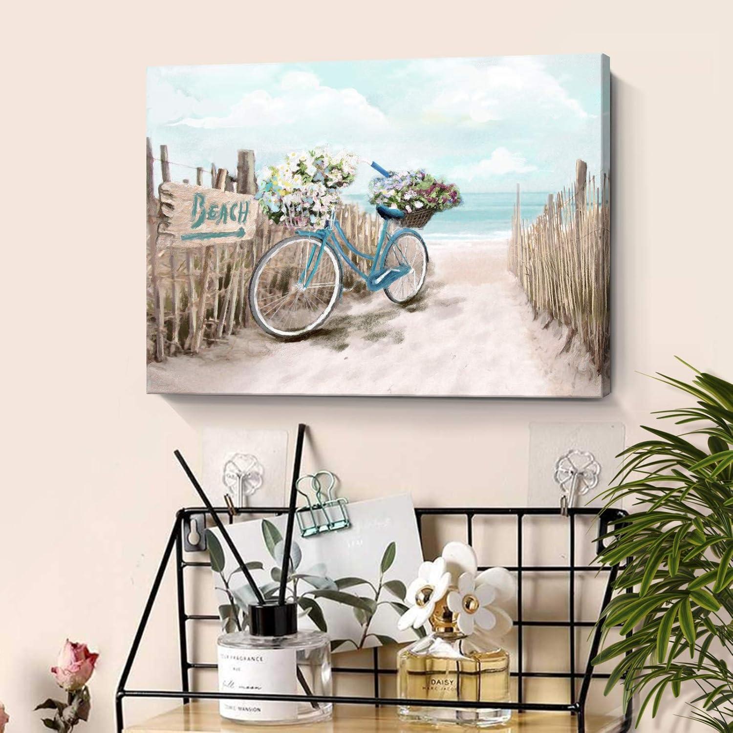 Beach Canvas Wall Art for Bathroom Ocean Pictures Seaside Bicycle Canvas Print Seascape Painting Framed Teal Aqua Blue Calming Shoreside Artwork for Modern Coastal Themed Lake Home Bedroom Décor Ready