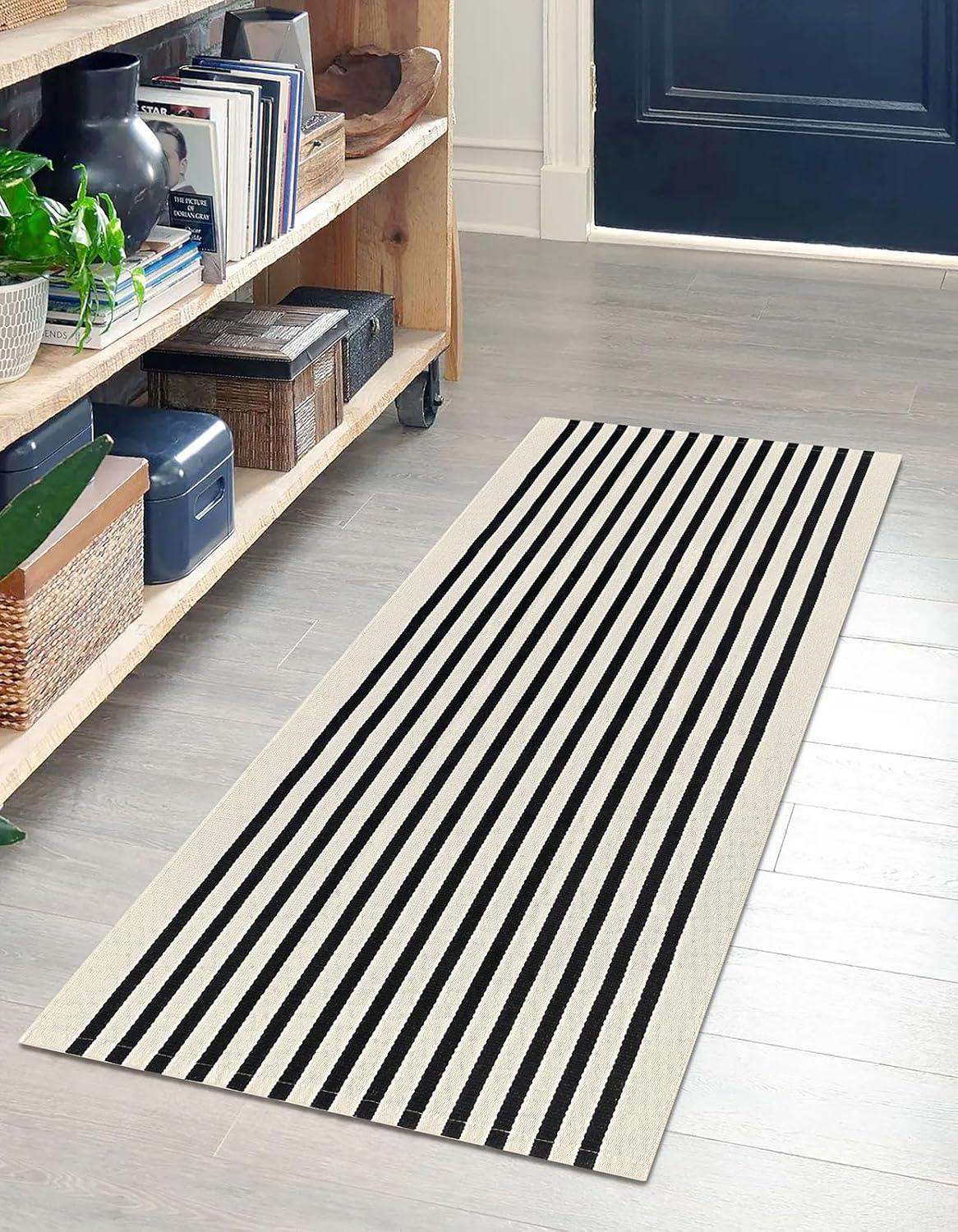 IOHOUZE Navy and White Striped Rug 2'x3' Front Door Rugs, Small Washable Area Rug for Front Porch, Spring Summer Doormats Outdoor Indoor, Cotton Rugs for Entryway Porch Entrance