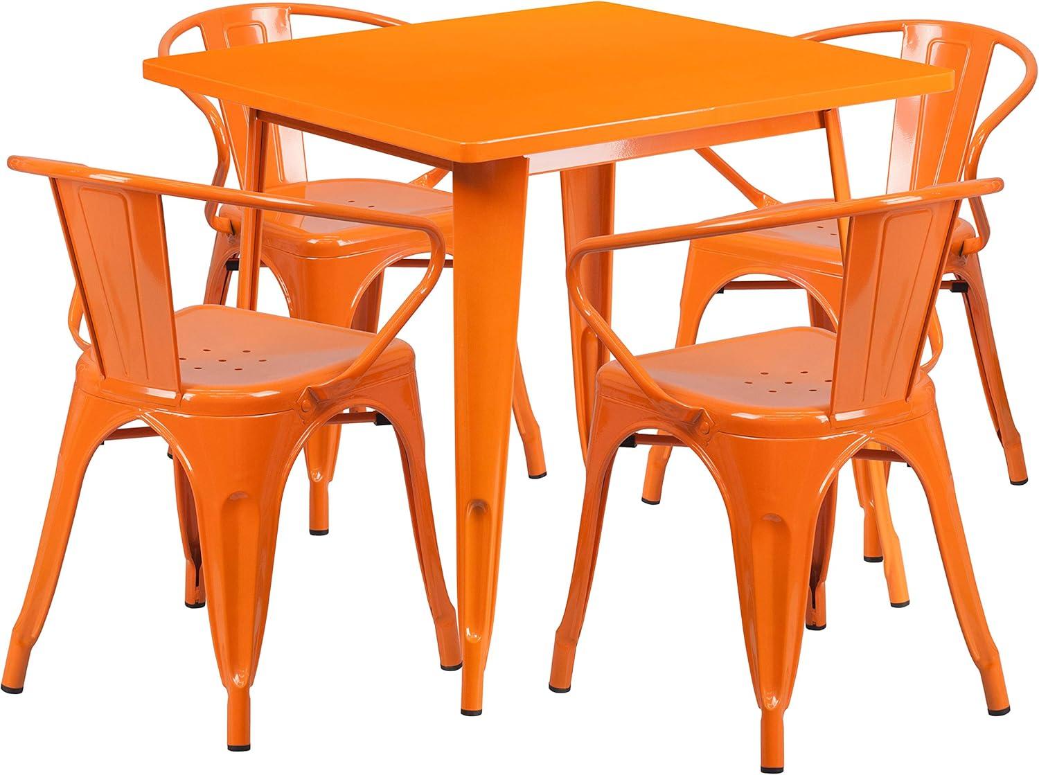 Emma and Oliver Commercial Grade 31.5" Square Orange Metal Indoor-Outdoor Table Set-4 Arm Chairs