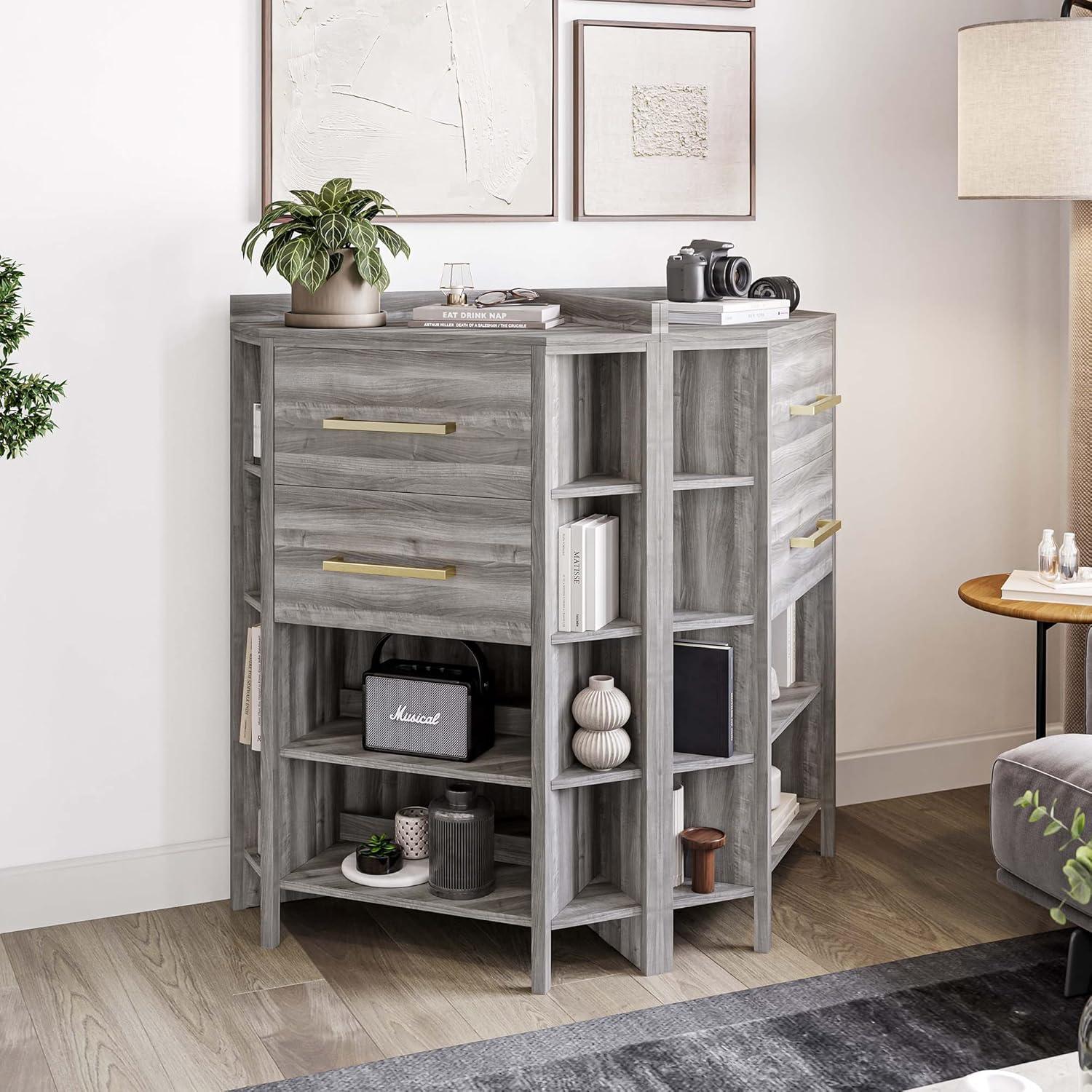 Gray Manufactured Wood Corner Cabinet with Drawers and Shelves