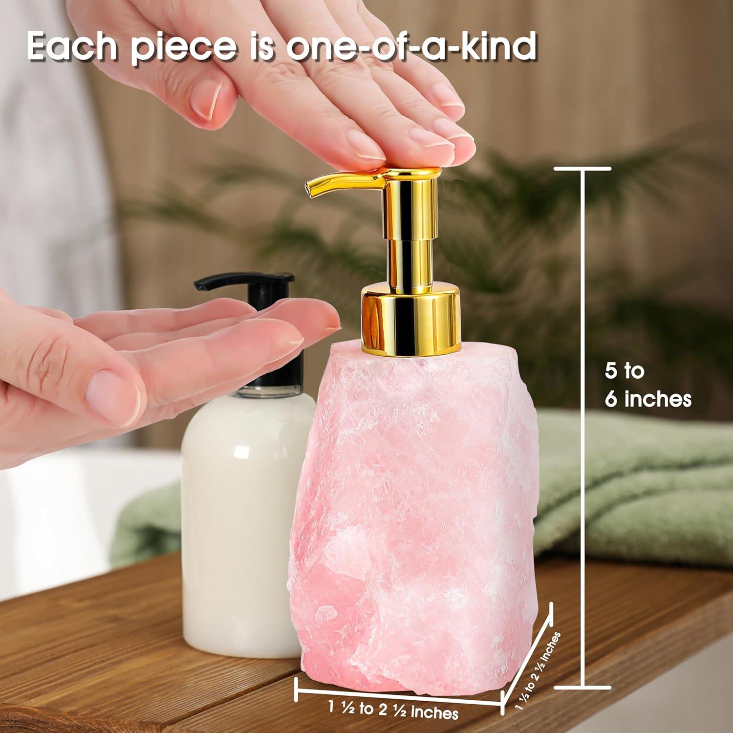 Rose Quartz Crystal Dispenser - Glossy Gold Color Pump - Natural Stone Soap Dispenser for Bathroom