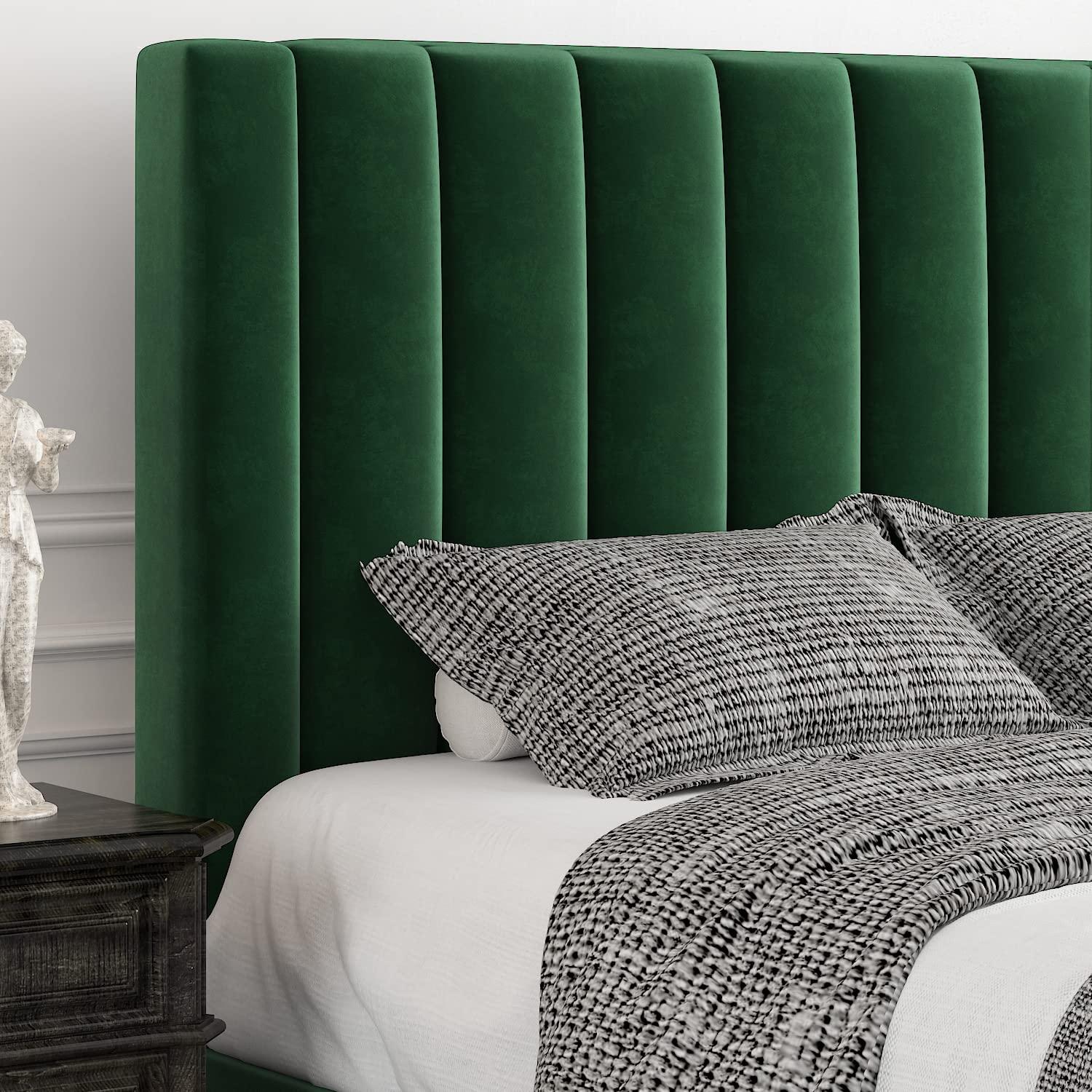 Allewie Queen Velvet Upholstered Bed Frame with Vertical Channel Tufted Headboard, Green