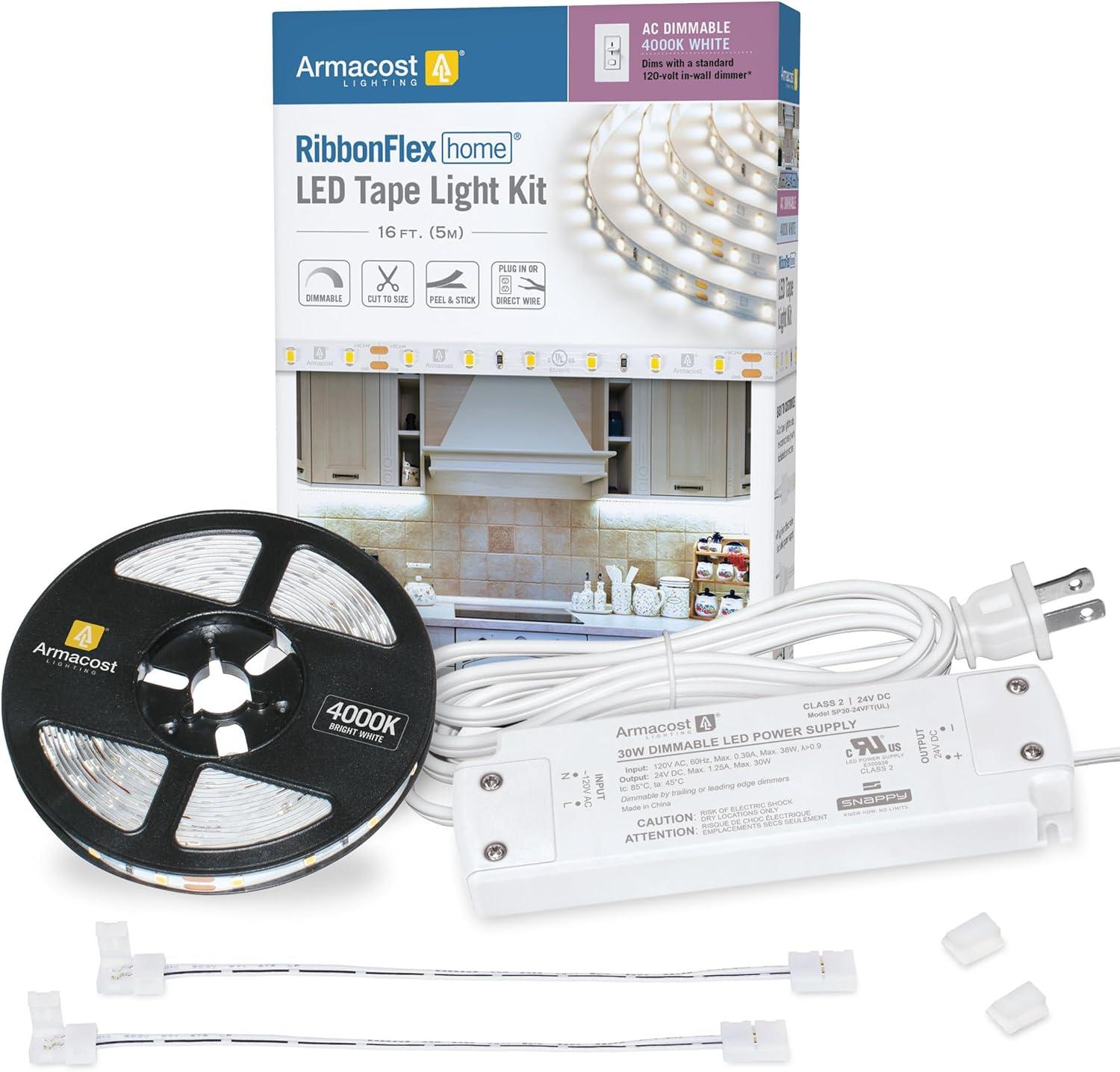 RibbonFlex Home AC Dimmable White LED Strip Light Kit, 4000K Bright White