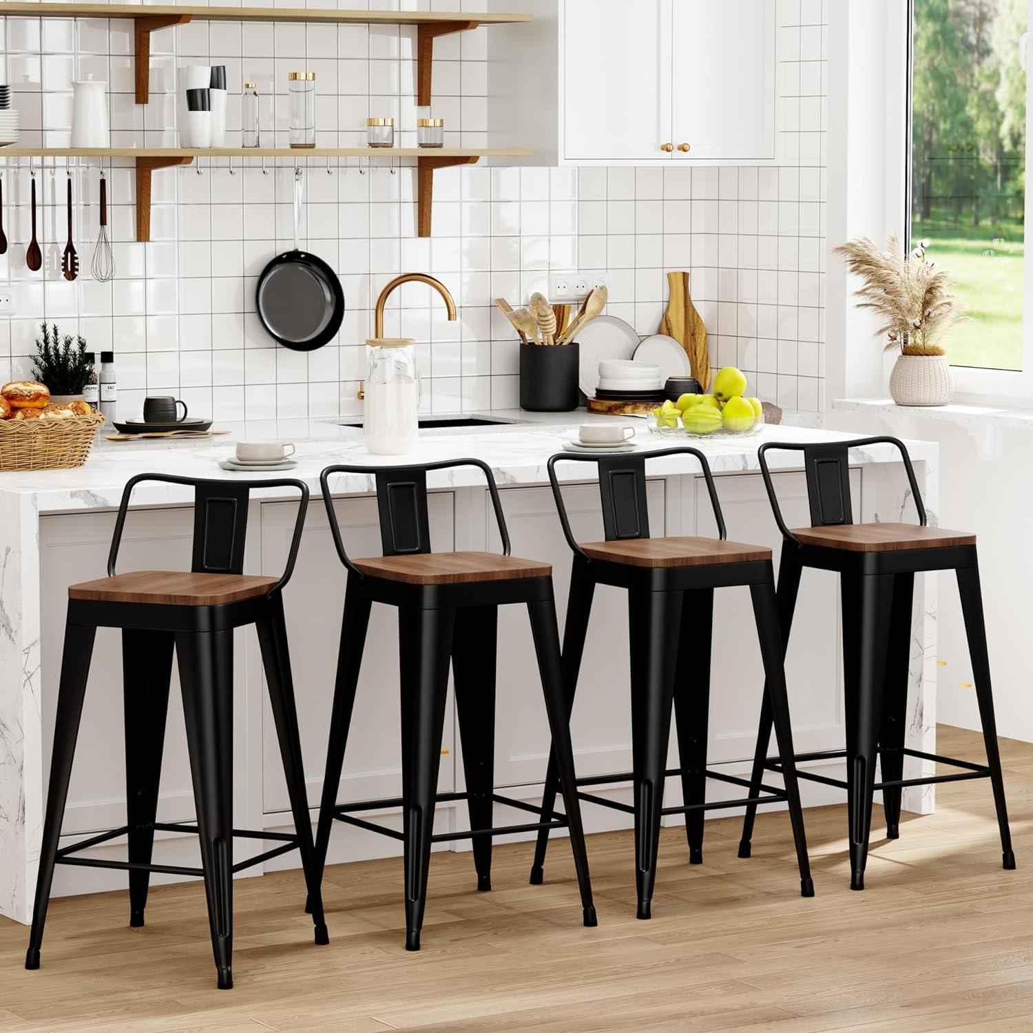 Set of 4 Black Metal and Wood Counter Stools