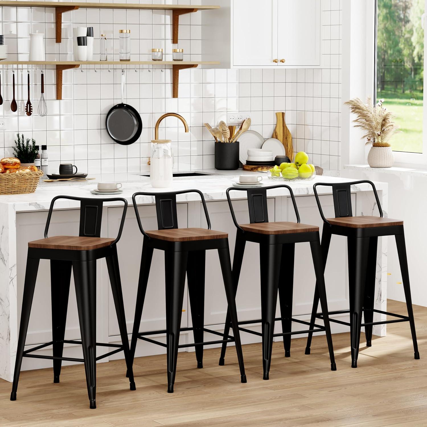 Stools Set of 4 Counter Height  Stools Metal Barstools with Removable Back 30" Kitchen  Stools with Wooden Seat