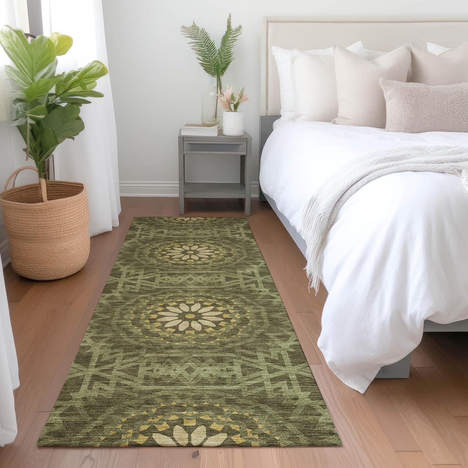 Olive Green Synthetic Flat Woven Runner Rug with Medallion Pattern