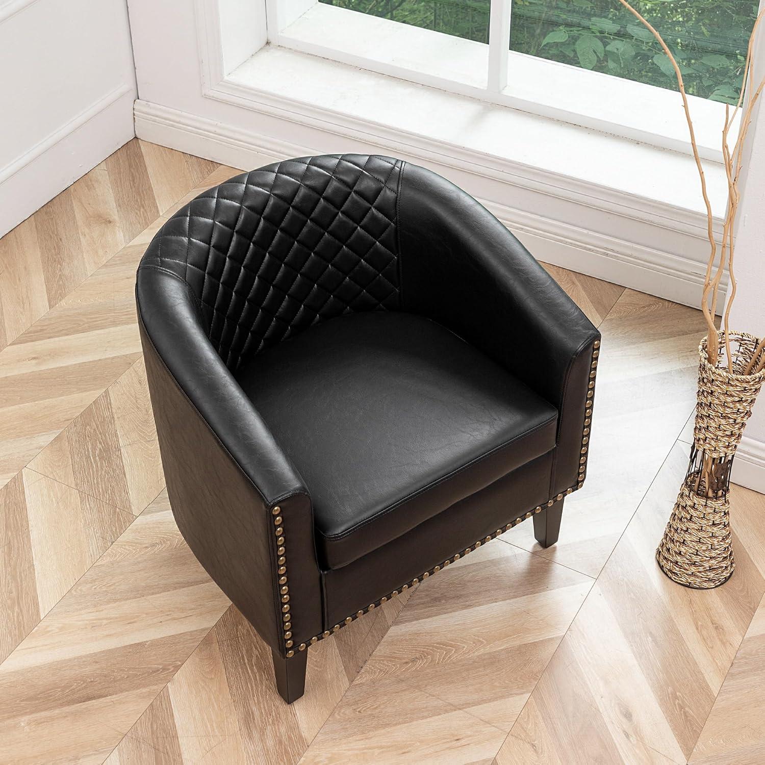 29" W Modern Faux Vegan Leather Barrel Chair, PU Upholstered Tufted Accent Club Chairs with Nailhead Trim, Small Armchair for Living Room Bedroom Apartment Lounge Nursery, Black