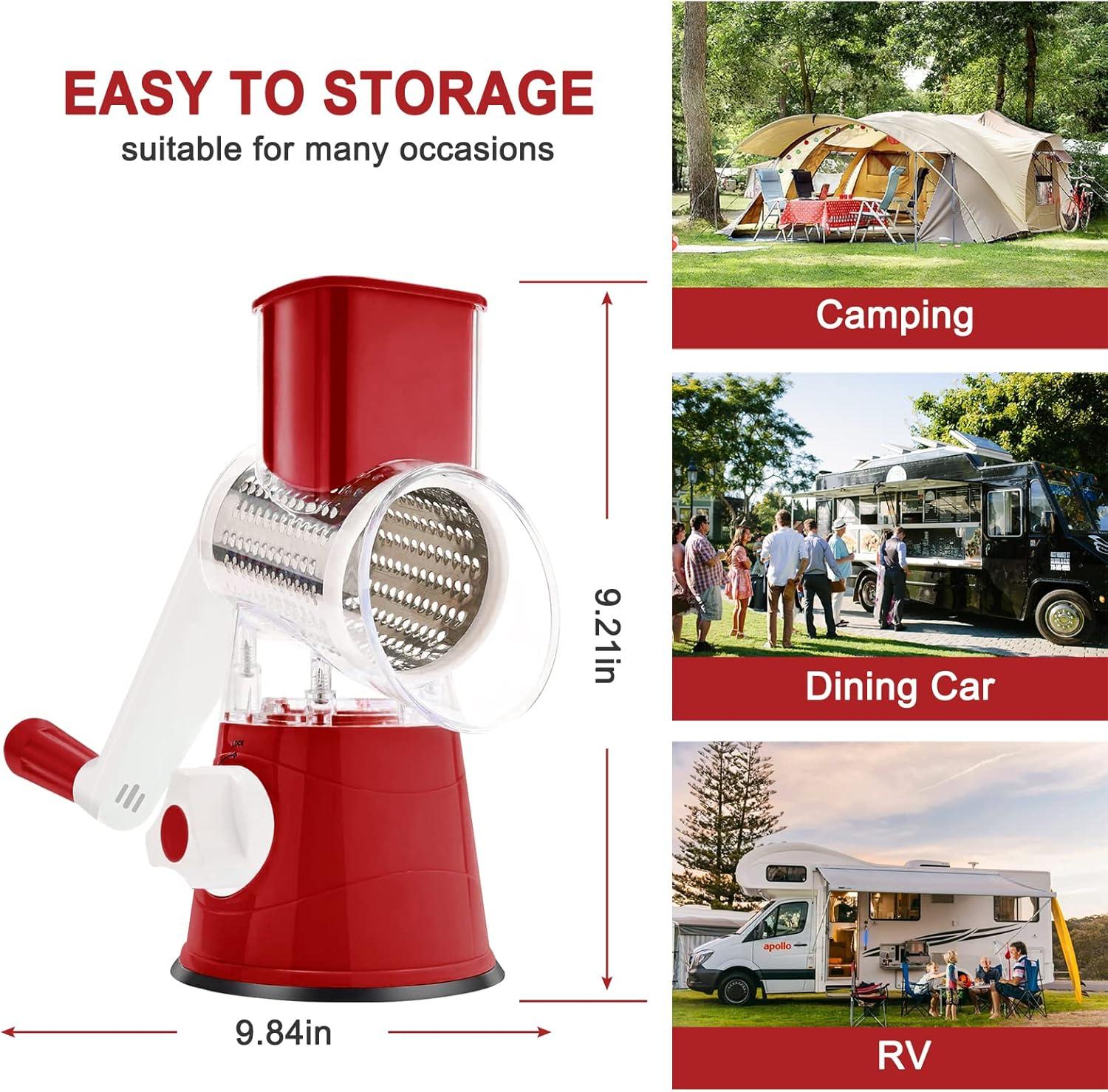 3rd Generation Rotary Cheese Grater, Mandoline Vegetable Slicer with 3 Replacement Blades, Easy to Clean Rotary Shredder for Fruit, Vegetables, Red