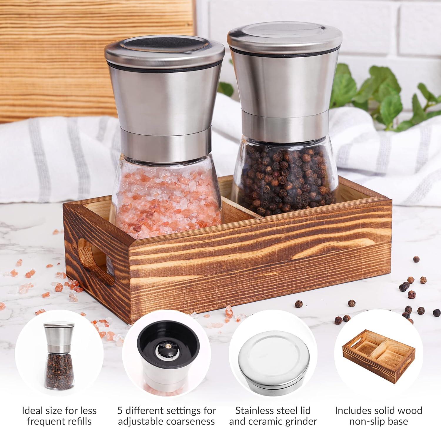 CB Accessories Stainless Steel Salt and Pepper Grinder Set with Wood Tray,  Adjustable Coarseness for Modern Farmhouse Kitchen Table