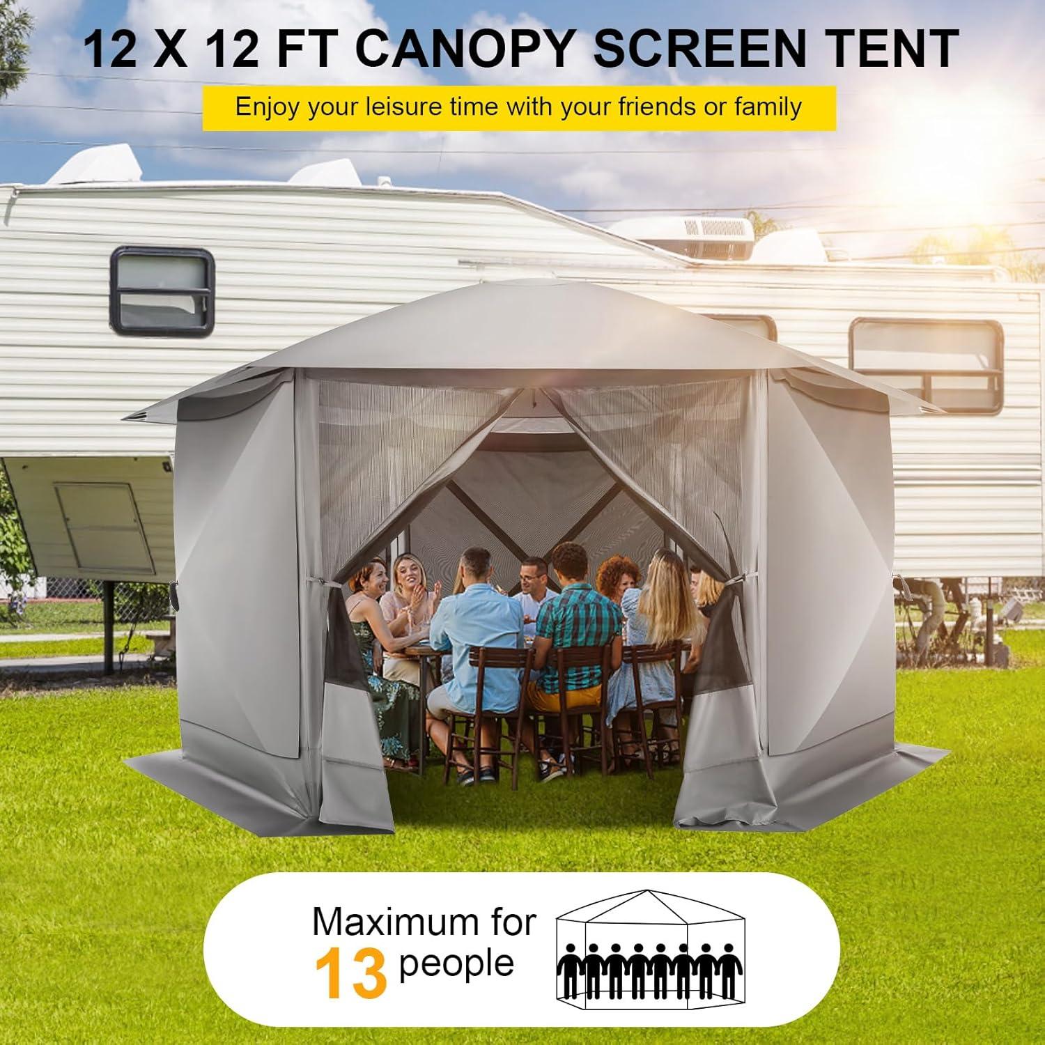 COBIZI Pop up Gazebo Screen Tent Screen House for Camping,12x12 Starry Sky Gazebo with Removable Roof, Outdoor Screened Gazebo with Sidewalls, Portable Hub Tent with Carry Bag and Ground Stakes,Gray