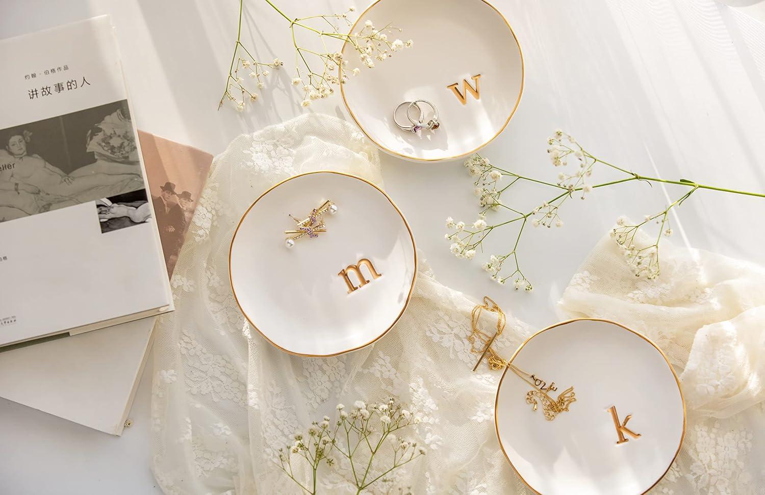 White Ceramic Jewelry Dish with Gold Monogram Accent