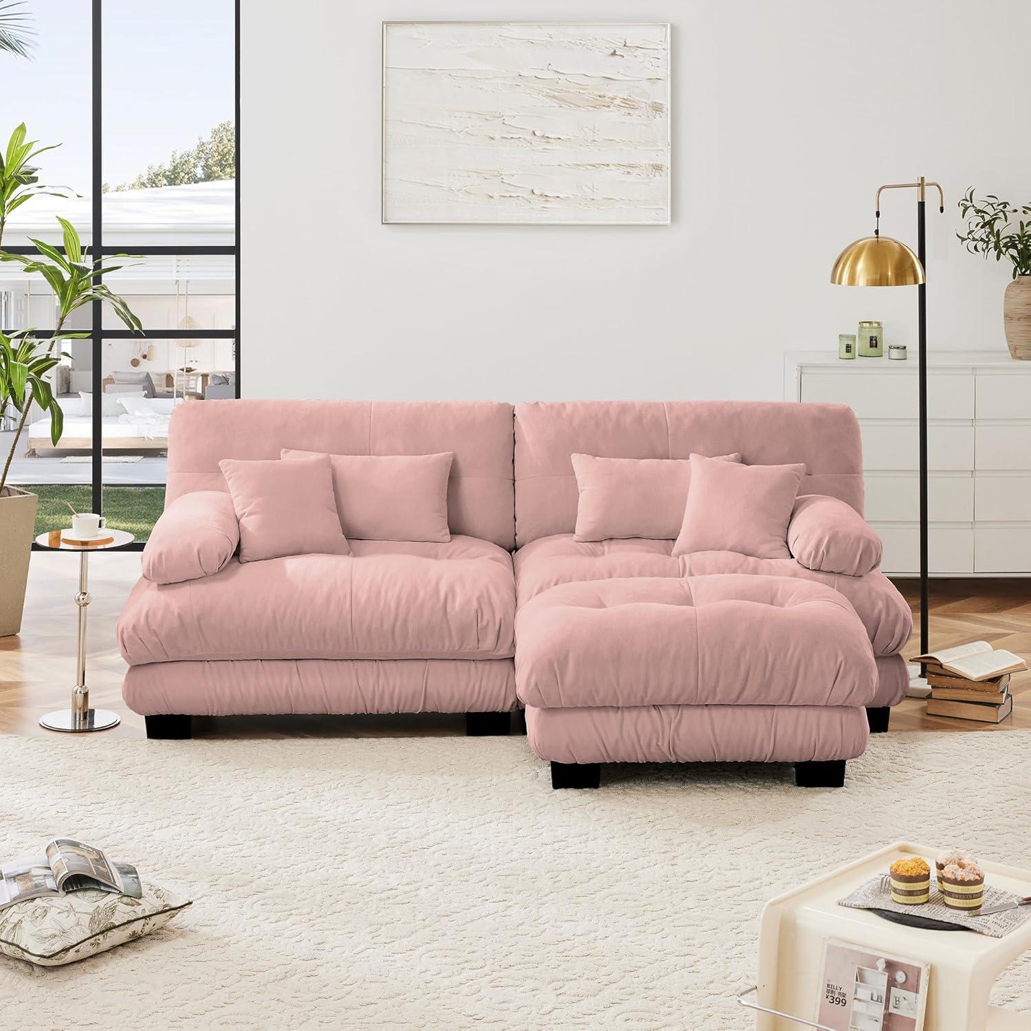 FFH Loveseat with Ottoman, 94.4" Oversized Cloud Sofa, L-Shaped Sectional Couch for Living Room (Chenille Pink, 2 Seater with 1 Ottoman)