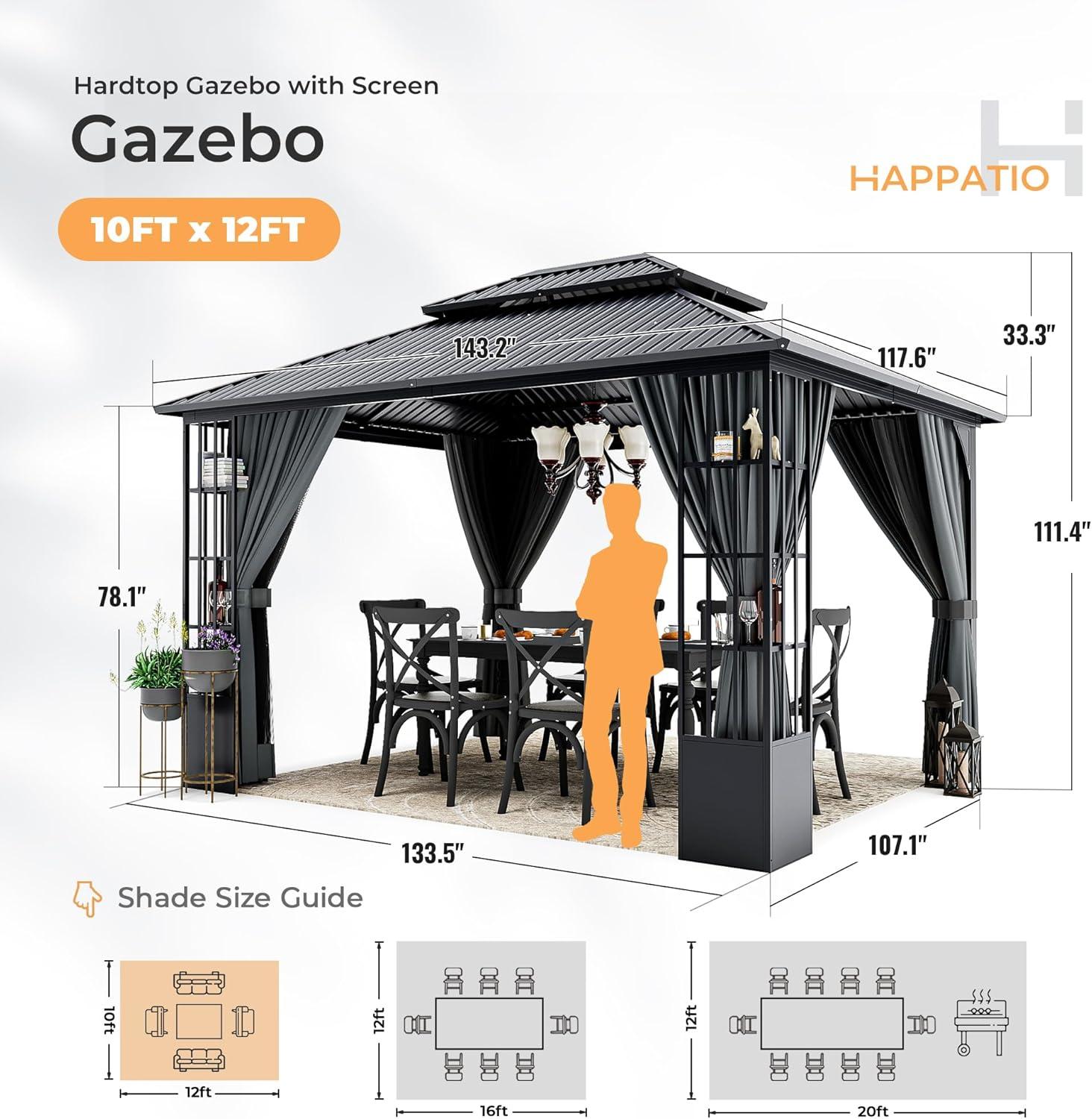 Gray Aluminum Double Roof Patio Gazebo with Curtains