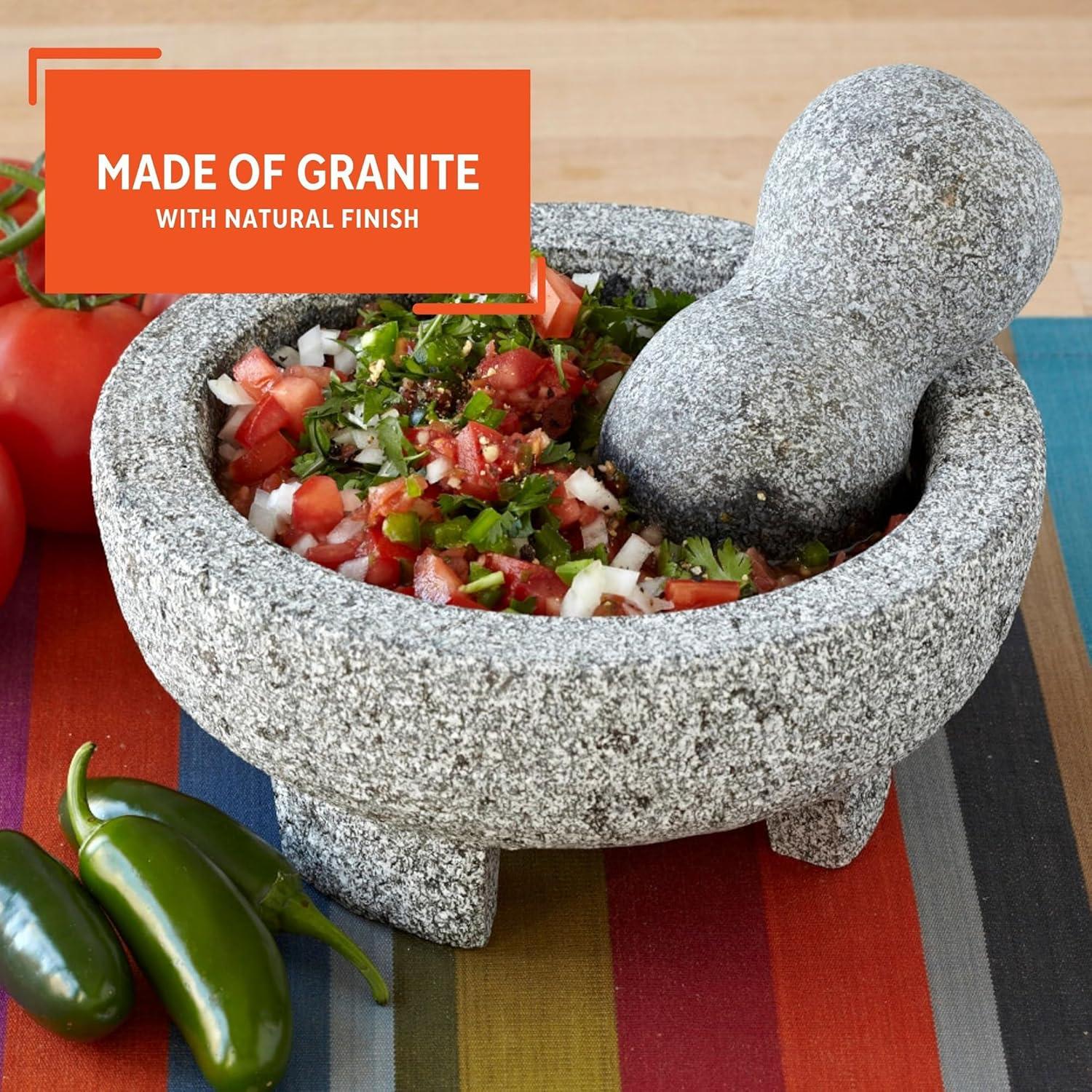 Imusa 6 inch Granite Heavy Duty Molcajete with Pestle for Grinding and Mashing 6.1" x 6.1" x 3.1", Gray