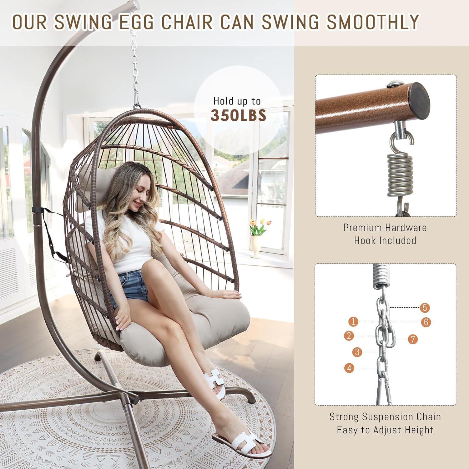 RADIATA Outdoor Foldable Hanging Egg Chair with Stand, PE Wicker Swing Chair with Cushion and Headrest, 350 lbs Capacity, Beige