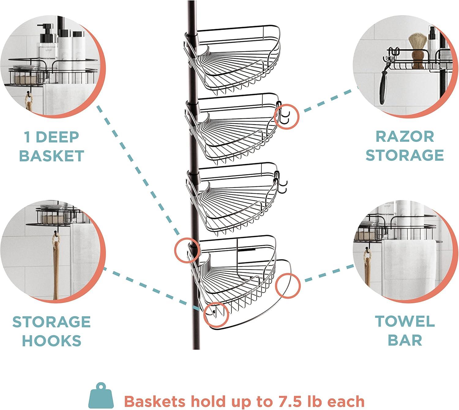 Bronze Shower Caddy with 4 Shelves, Zenna Home Tension Pole