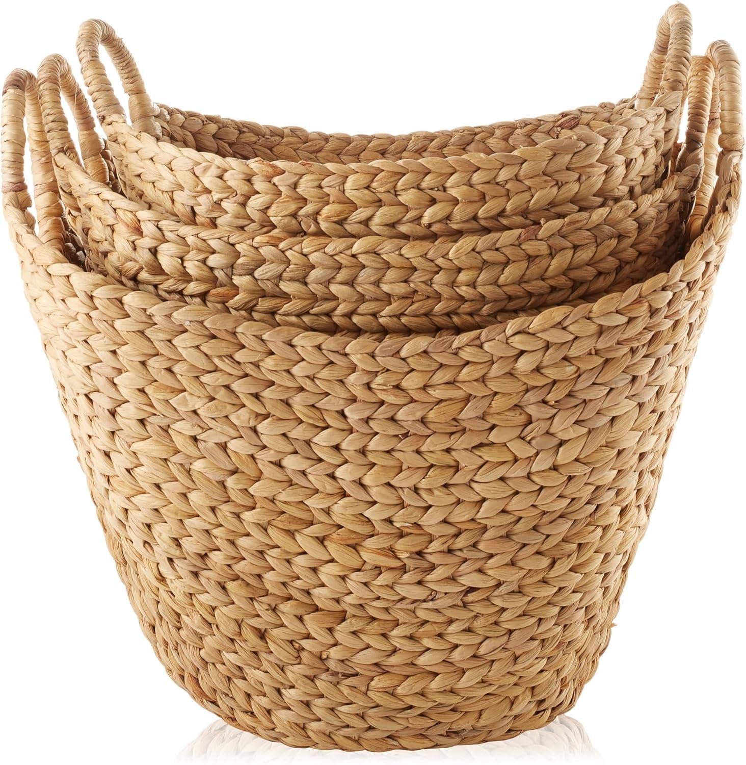 Casafield Set of 3 Water Hyacinth Boat Baskets with Handles, Woven Storage Organizers for Blankets, Laundry, Bathroom, Bedroom, Living Room