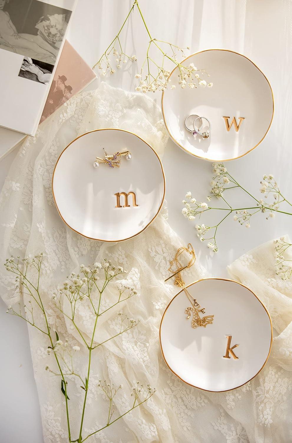 COLLECTIVE HOME - Ceramic Jewelry Tray, Decorative Trinket Dish for Rings Earrings Necklaces Bracelet Watch Keys, Birthday Mother's Day Christmas Gift for Women, 4.75", White Surface (O)