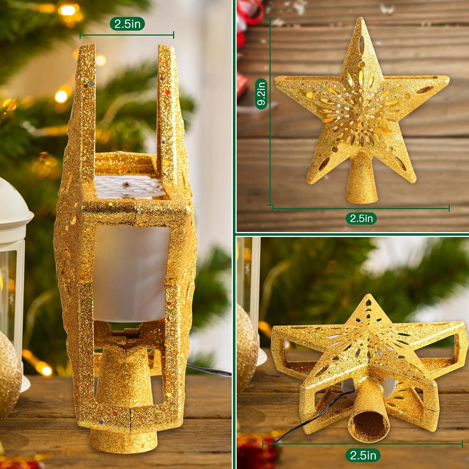 HOUFIY Christmas Tree Topper Lighted with 6 Projection Modes Star Tree Topper Built-in LED Rotating 3D Lighted Glitter Star Decorations Projector Tree Topper for Christmas Tree