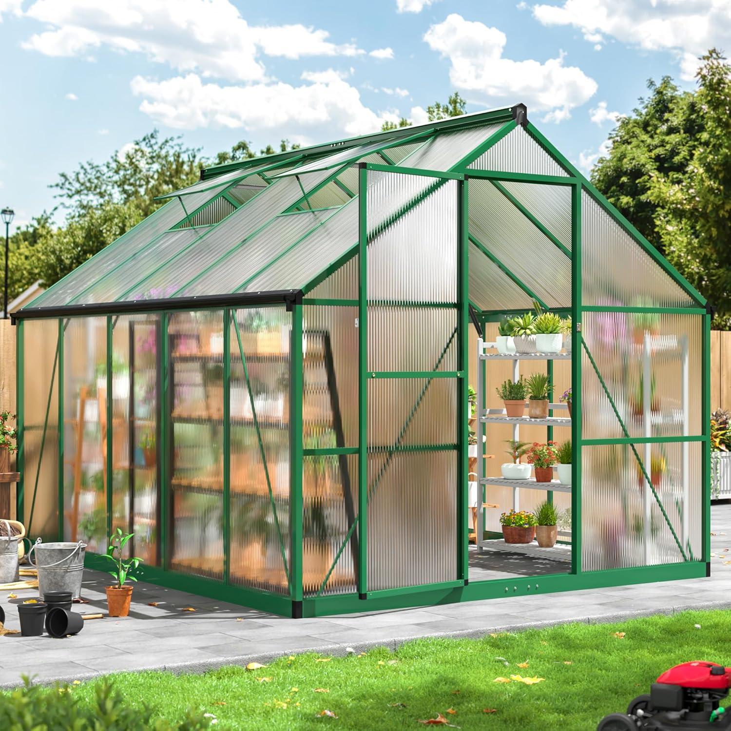 8x10 FT Green Polycarbonate Walk-In Greenhouse with Aluminum Frame