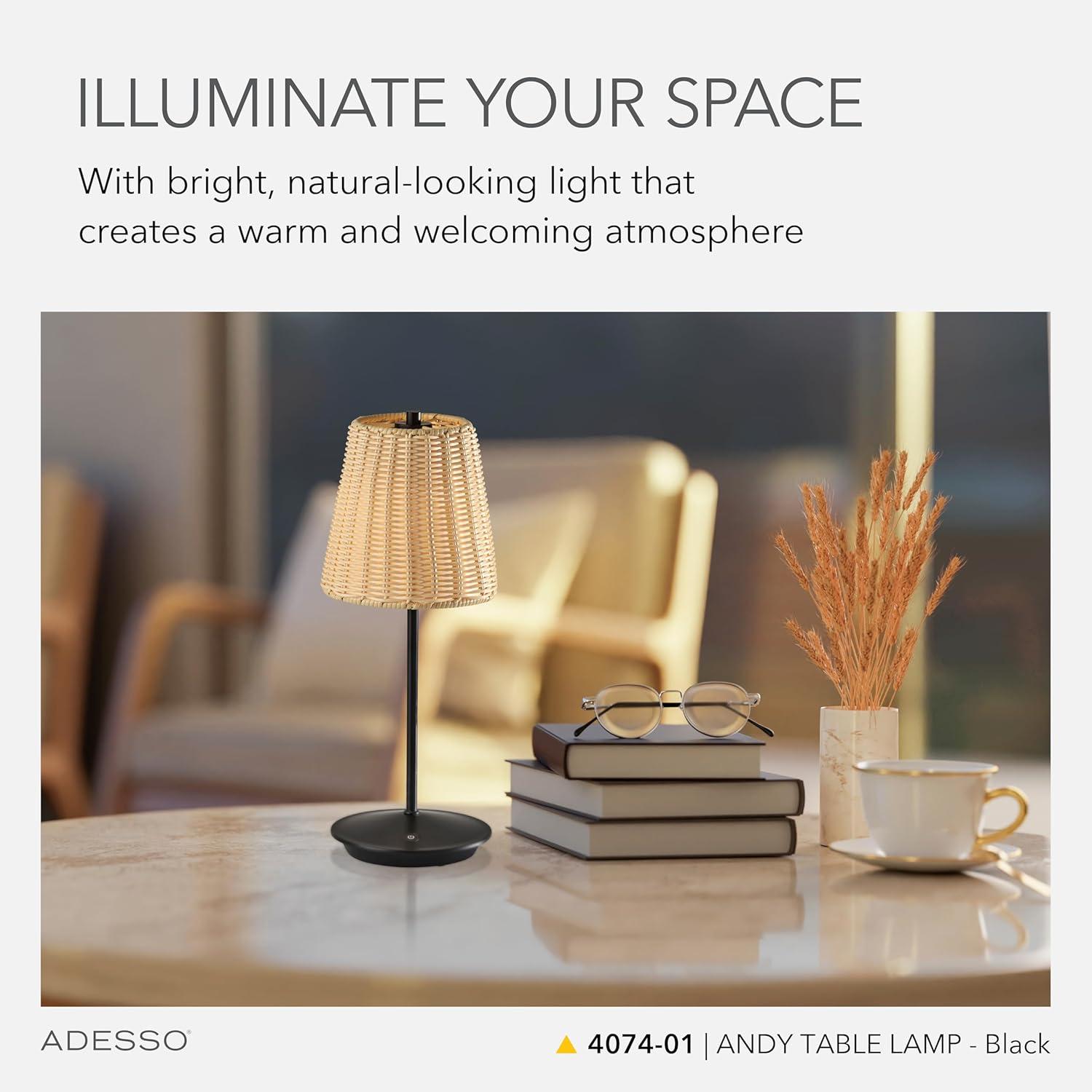 Adesso Benny Cordless Table Lamp (Includes LED Light Bulb) Black: ETL Listed, Touch Sensor, 3-Way Light Settings