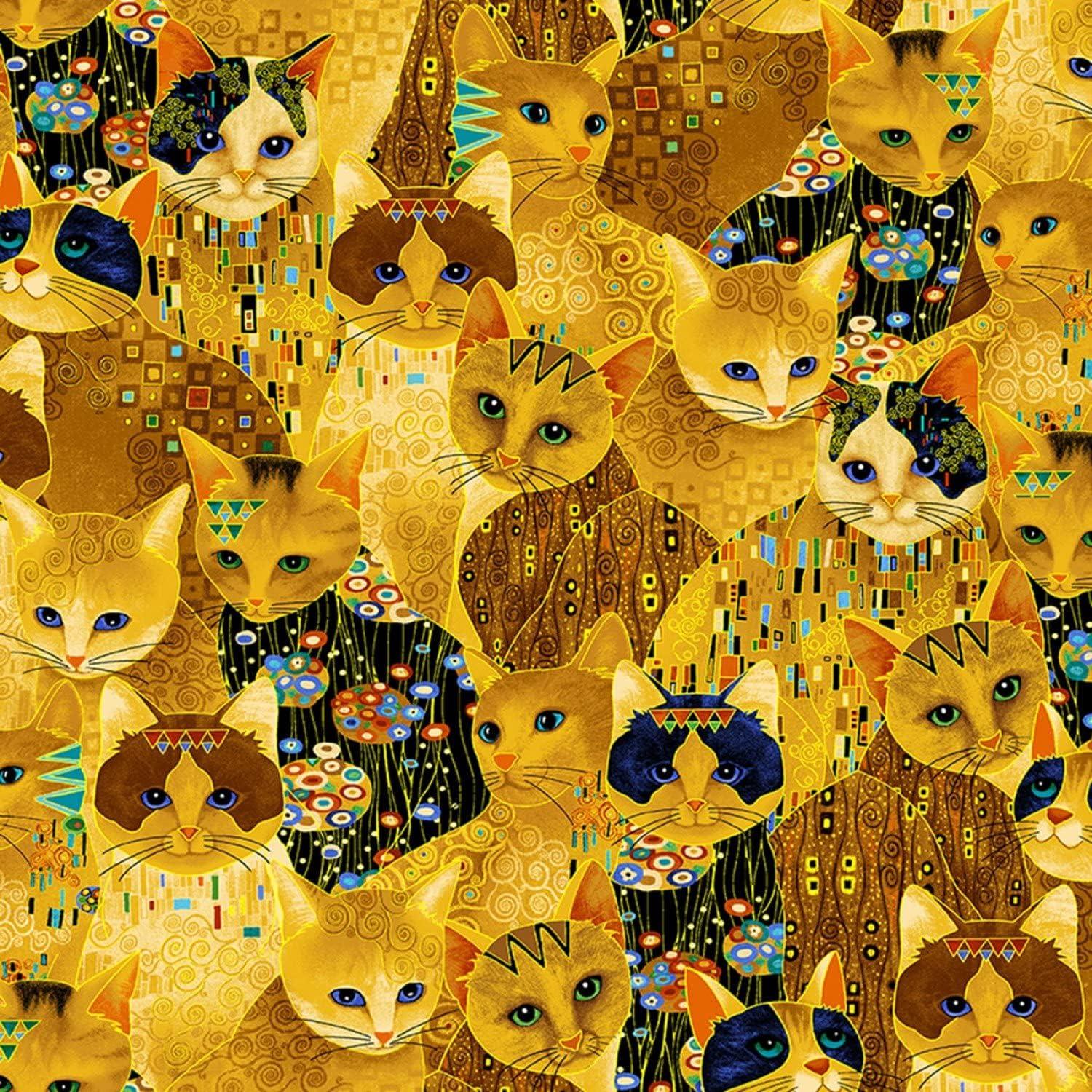 Golden Bejeweled Cats Cotton Fabric with Metallic Highlights