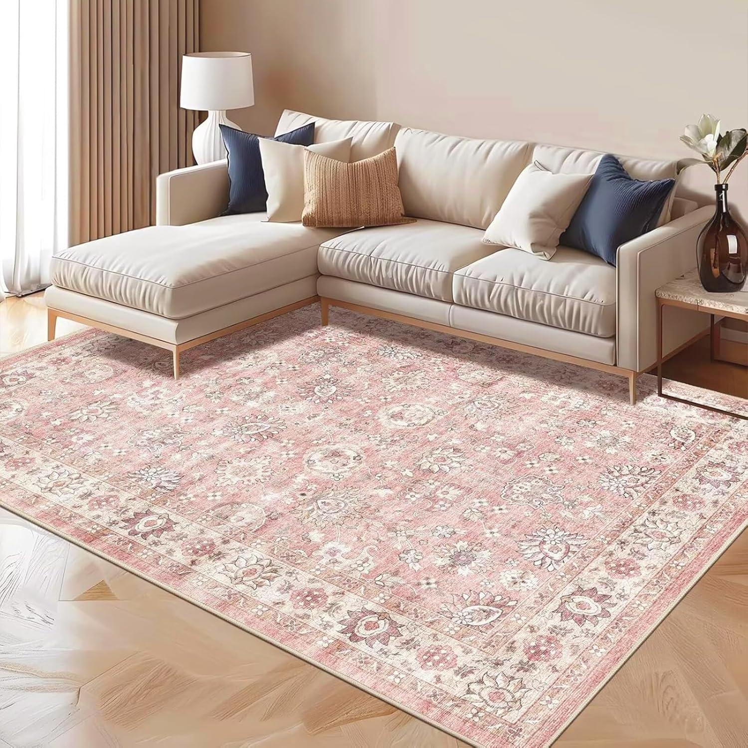 Hasoo Area Rug 5' x 7' Washable Modern Floral Rugs for Living Room Non-Slip Accent Carpet Pink