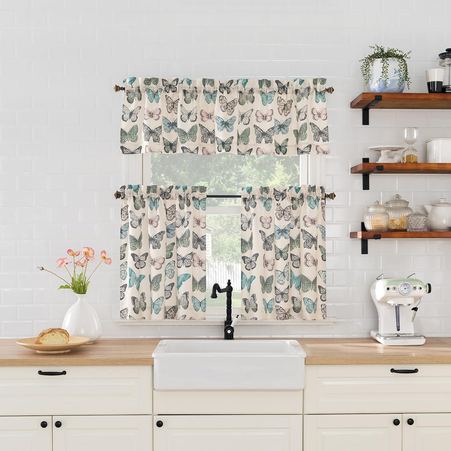 56"x14" No. 918 Sheer Magdalena Butterfly Print Rod Pocket Kitchen Curtain Valance Blue: Polyester, Machine Washable