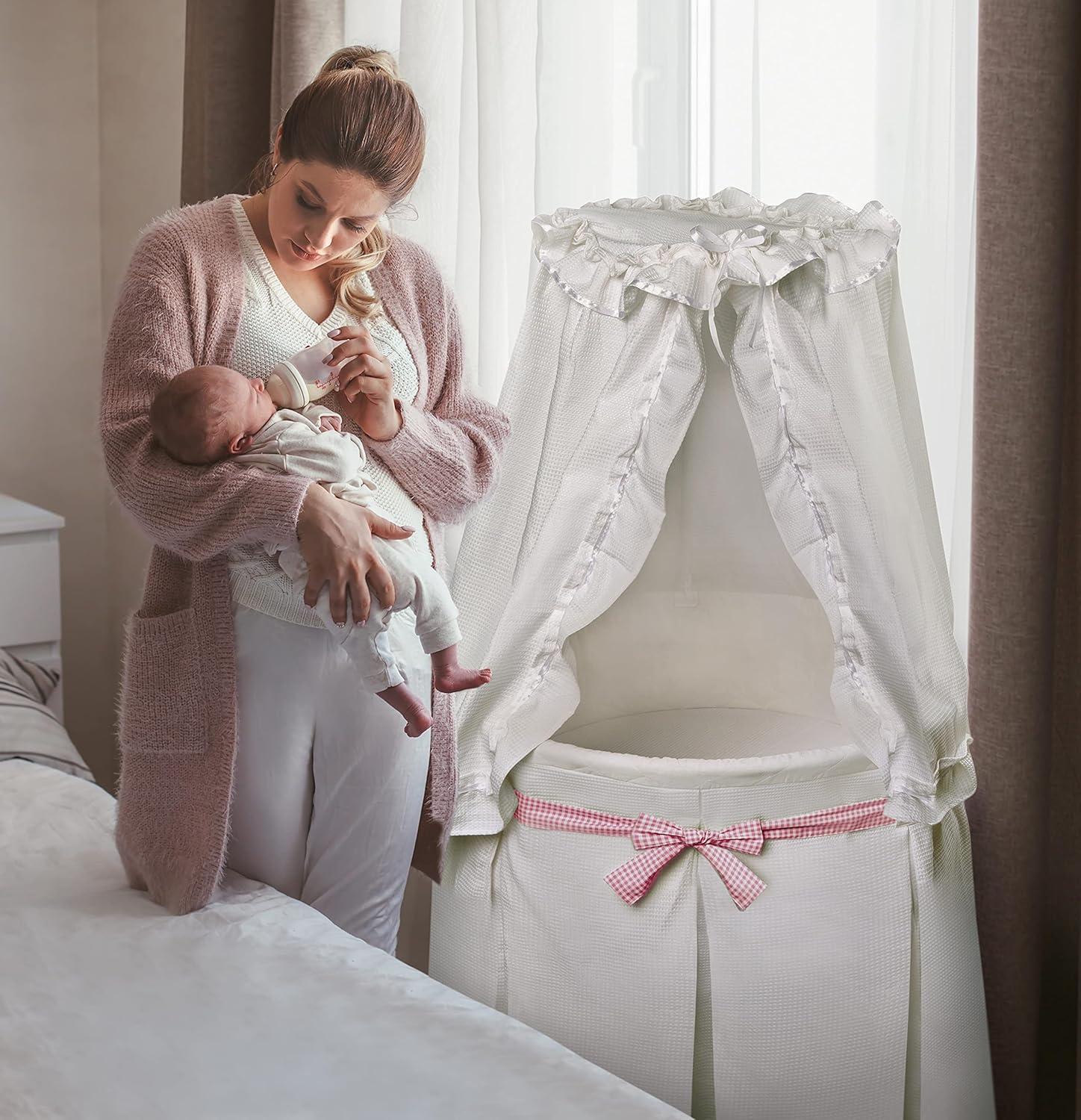 Badger Basket Empress Round Baby Bassinet with Canopy - White Bedding with Gingham Belts
