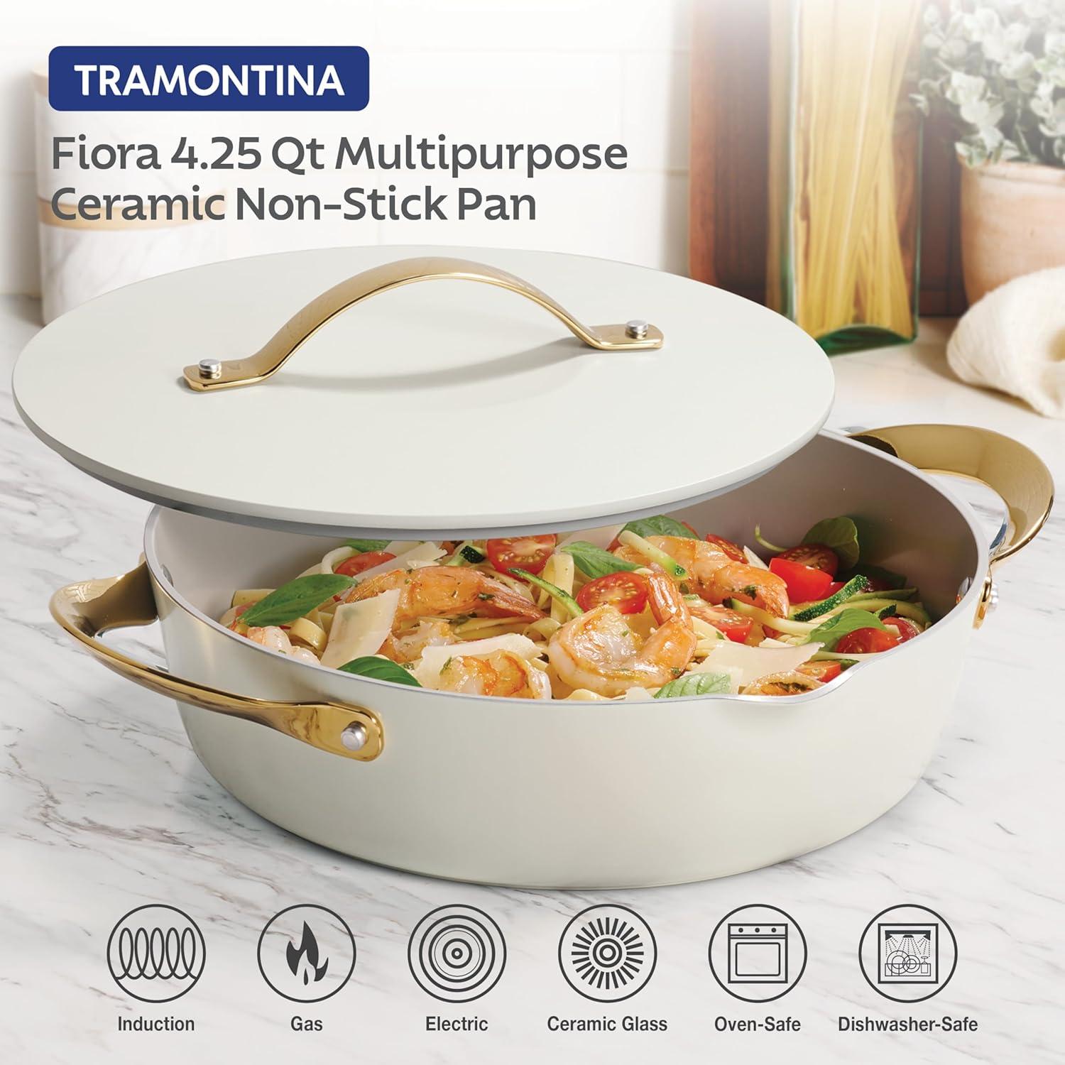 Tramontina Fiora 4.25-Quart Multipurpose Ceramic Non Stick Cooking Pan with Lid, White