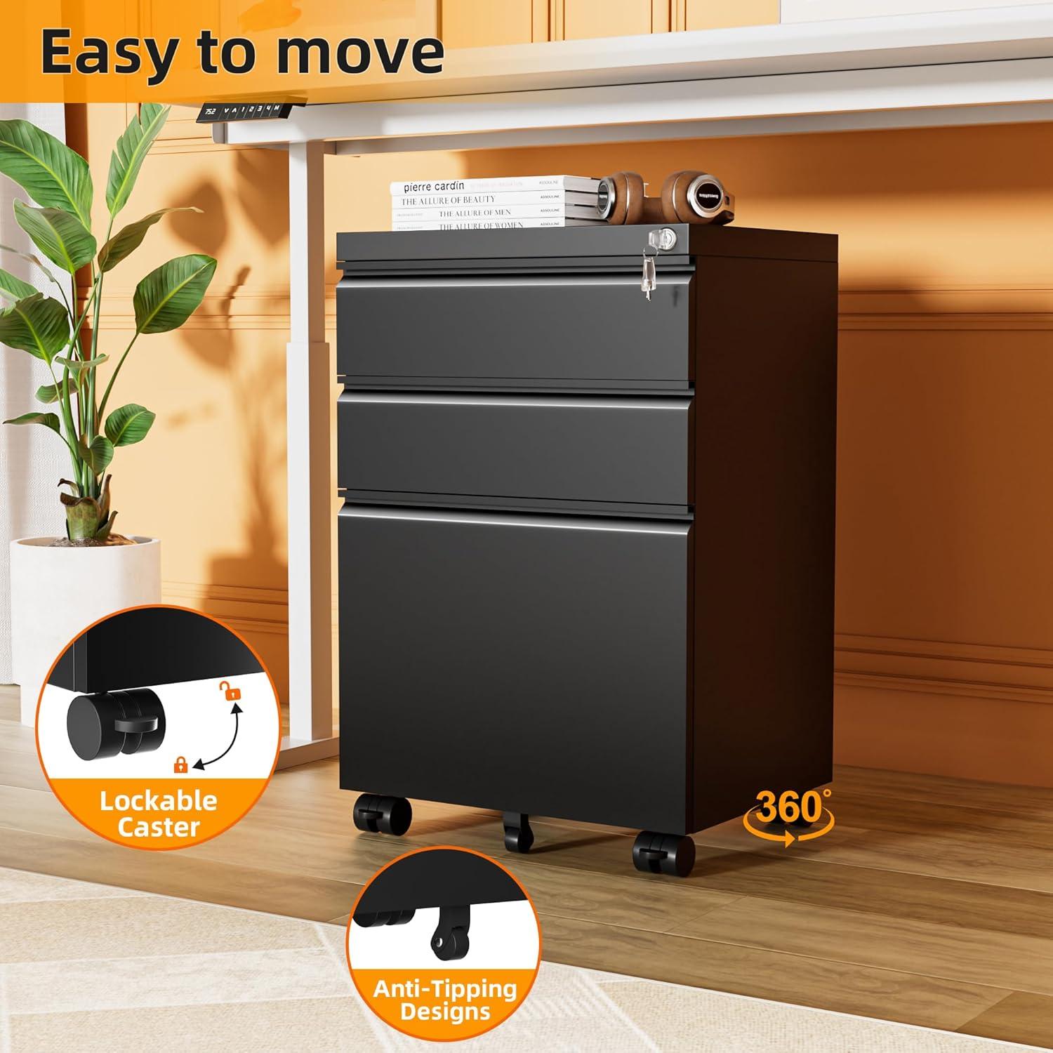 MIIIKO File Cabinet 3 Drawers on Wheels Under Desk, Black Metal Rolling File Cabinets with Lock for Home Office, Un-Assembled Filing Cabinet with Lock