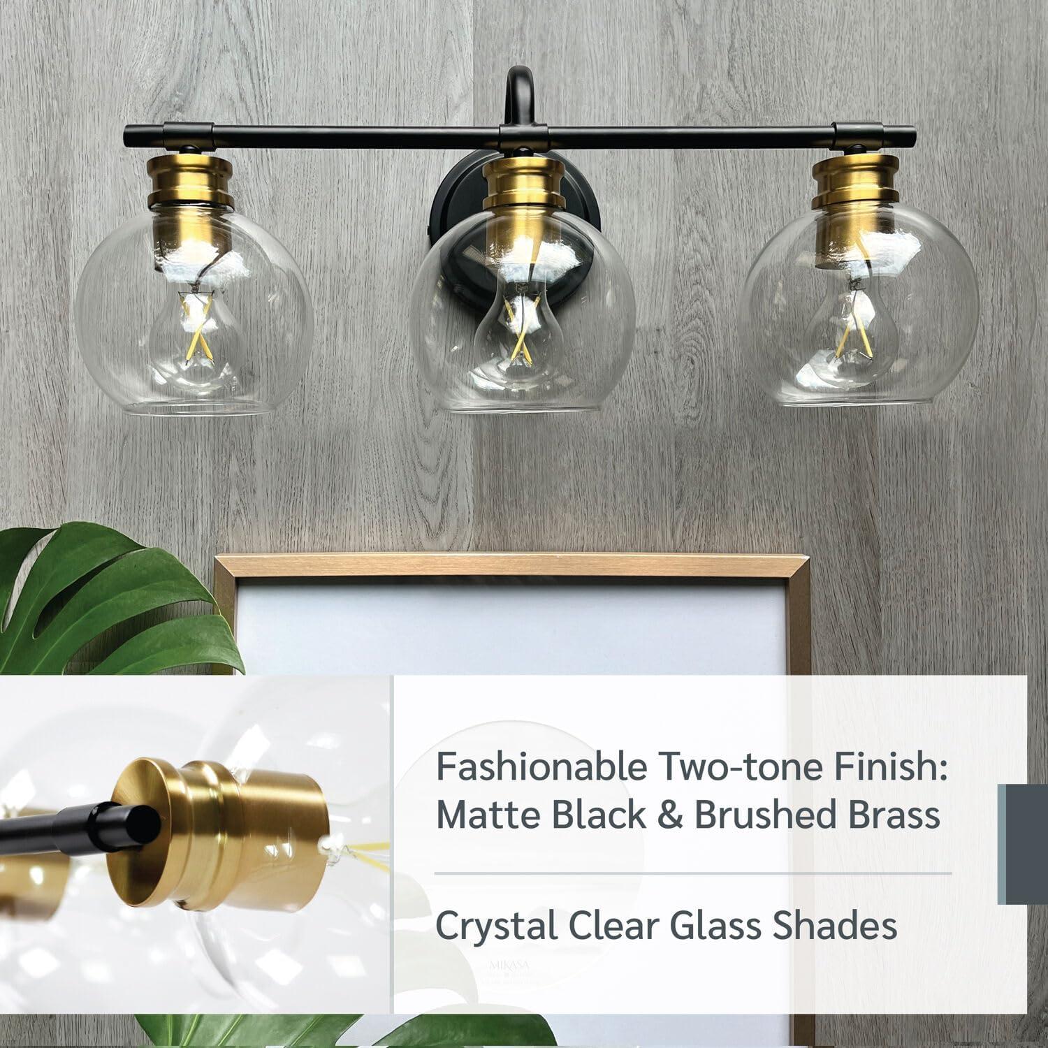 Black and Brushed Brass 3-Light Vanity Bar with Clear Glass Shades