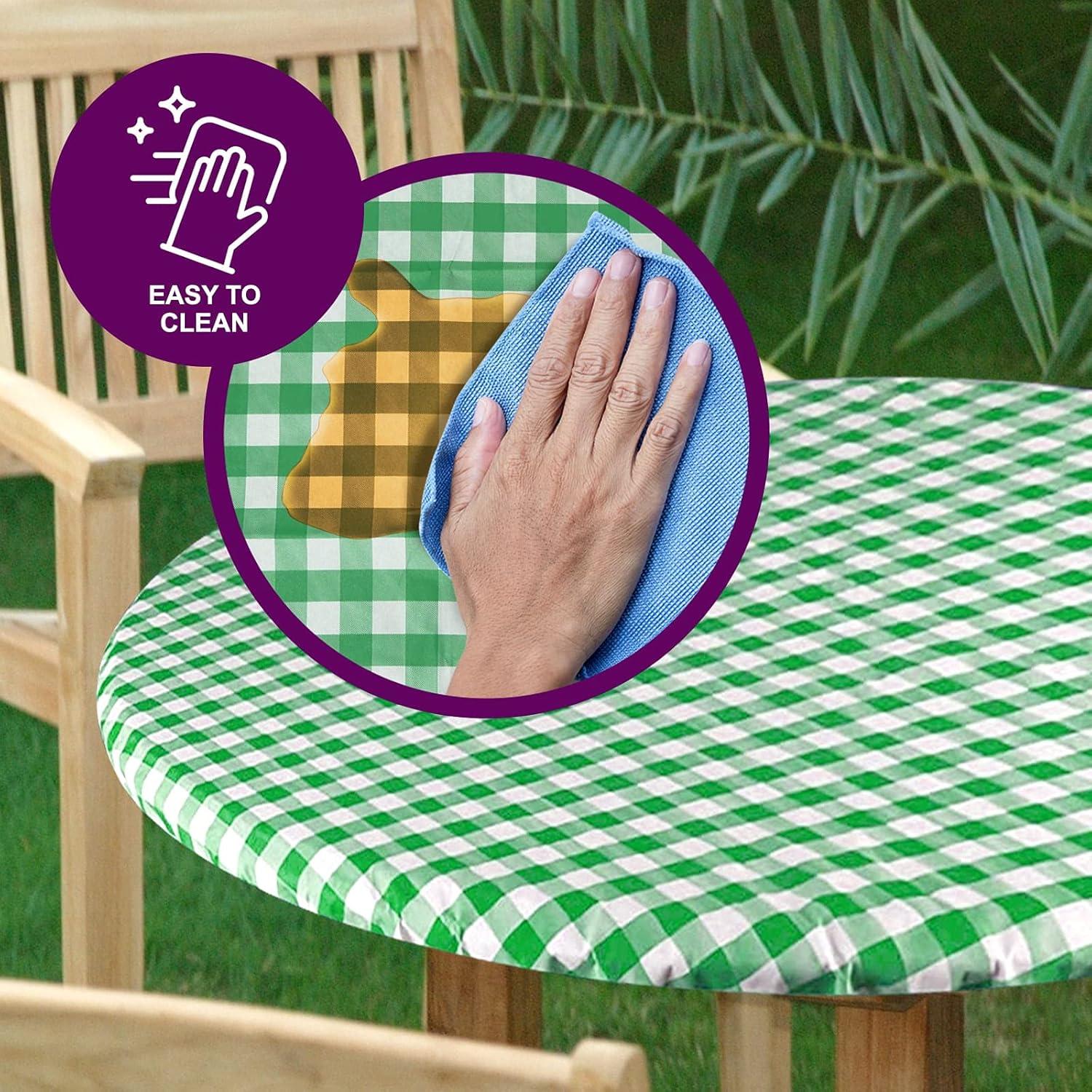 Round Tablecloth -Fitted with Elastic, Vinyl with Flannel Back, 30” Round Green Checked Design,- By Sorfey