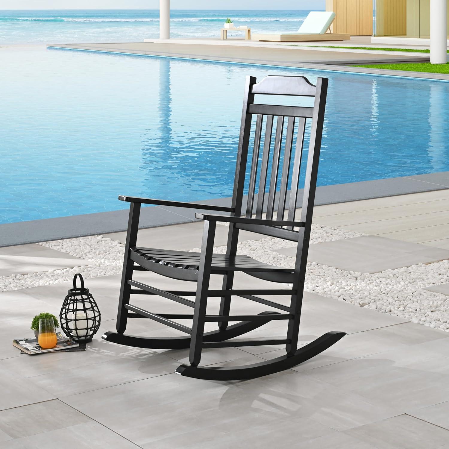 Costway Outdoor Wooden Rocking Chair with Solid Rocking Base Slatted Seat & Back Patio Black
