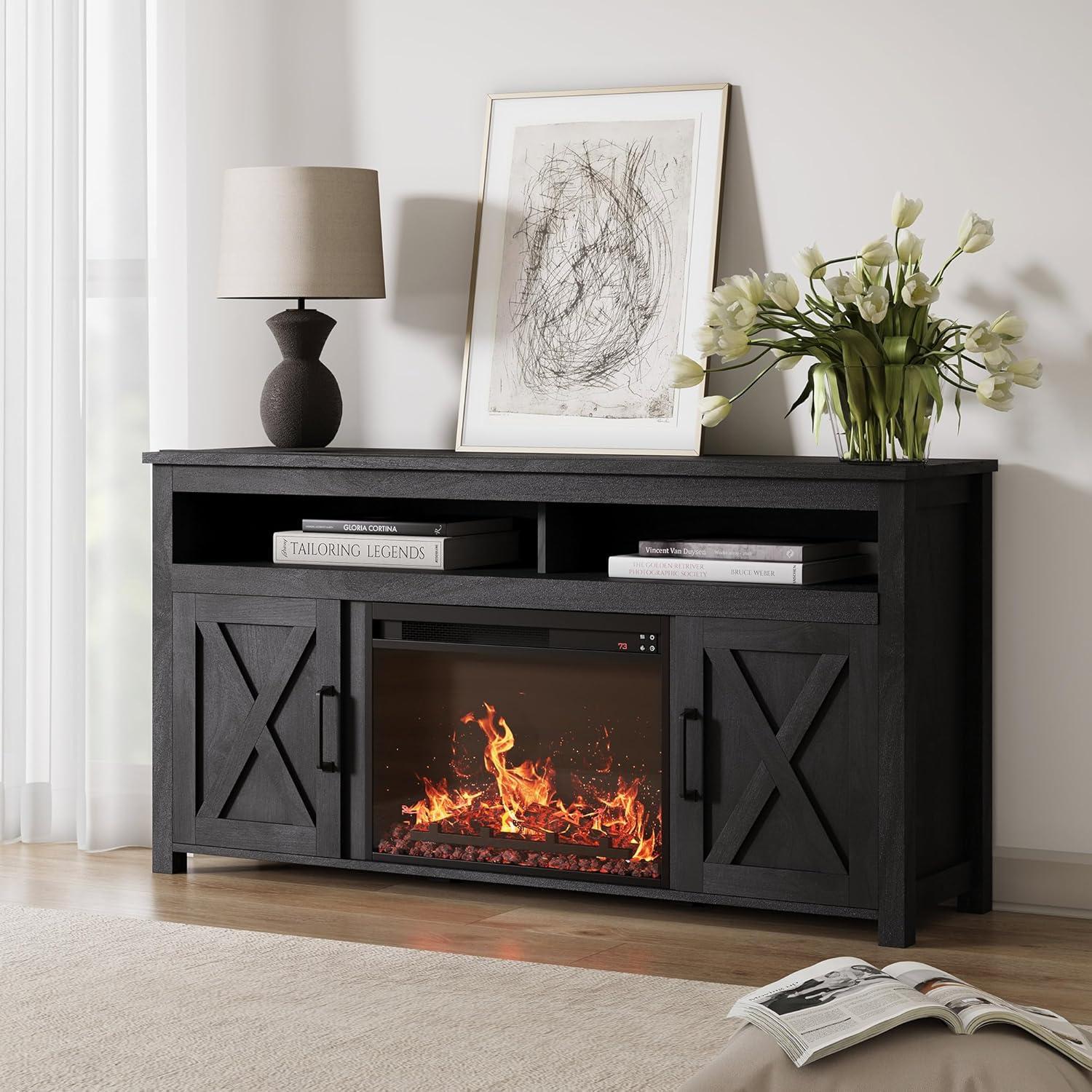 Rustic Gray 58" Wood TV Stand with Electric Fireplace