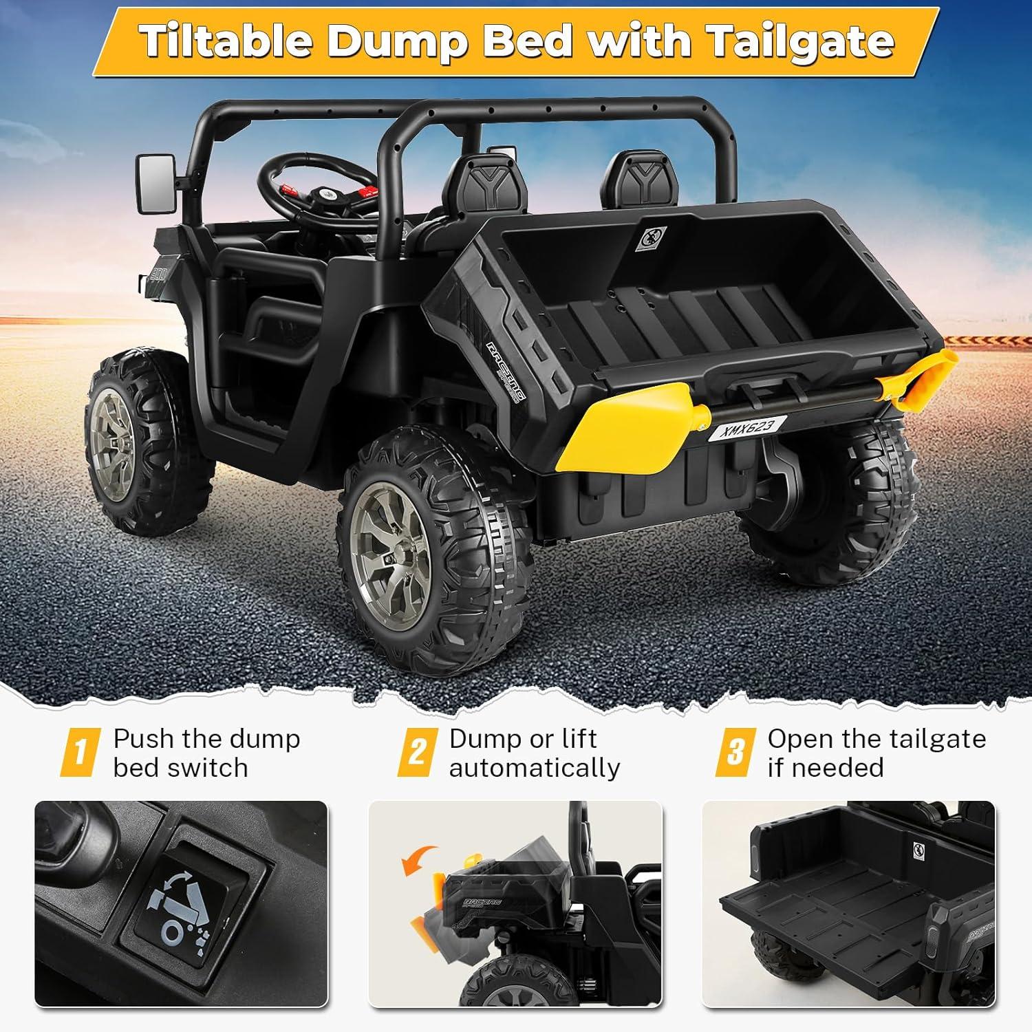 DreamDwell Home 4 Wheels 24V Ride on Dump Truck Toys 2 Seater Kids Ride On UTV Car with Remote Control,Electric Dump Bed
